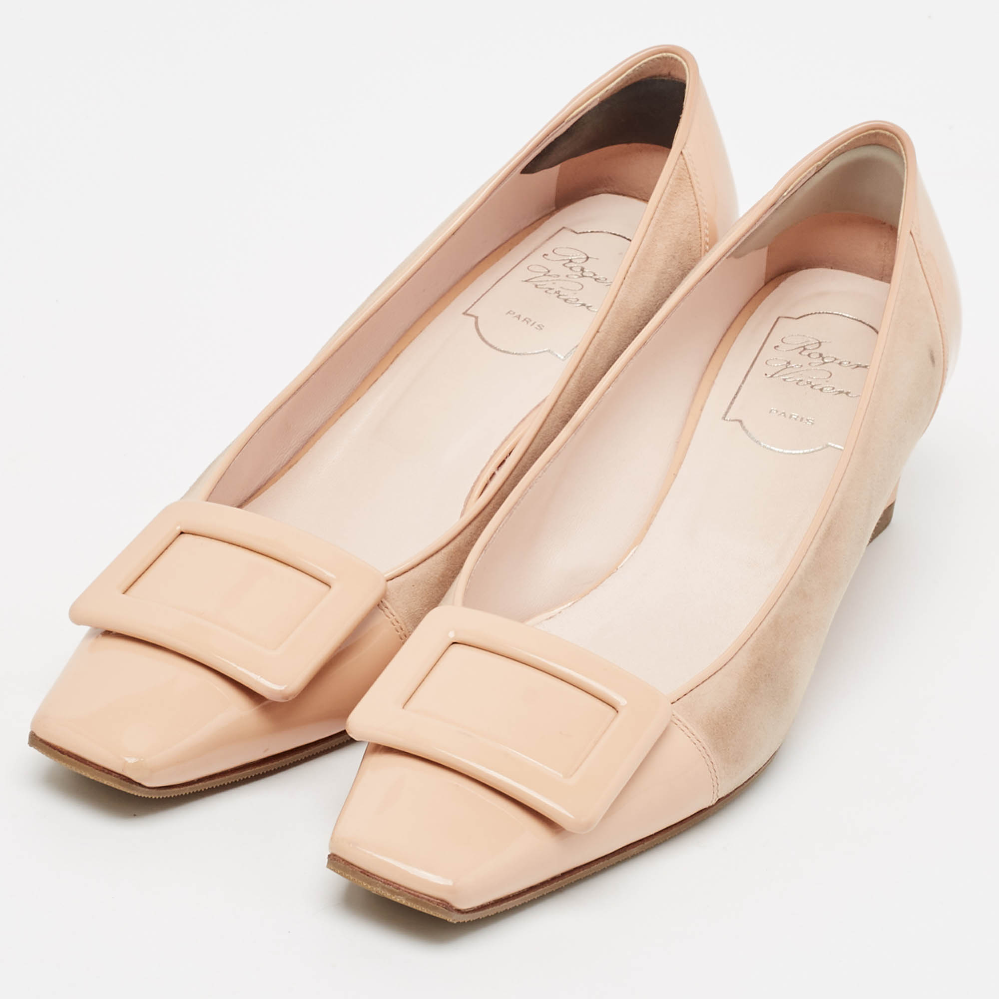 Roger Vivier Beige Patent Leather And Suede Trompette Pumps Size 38