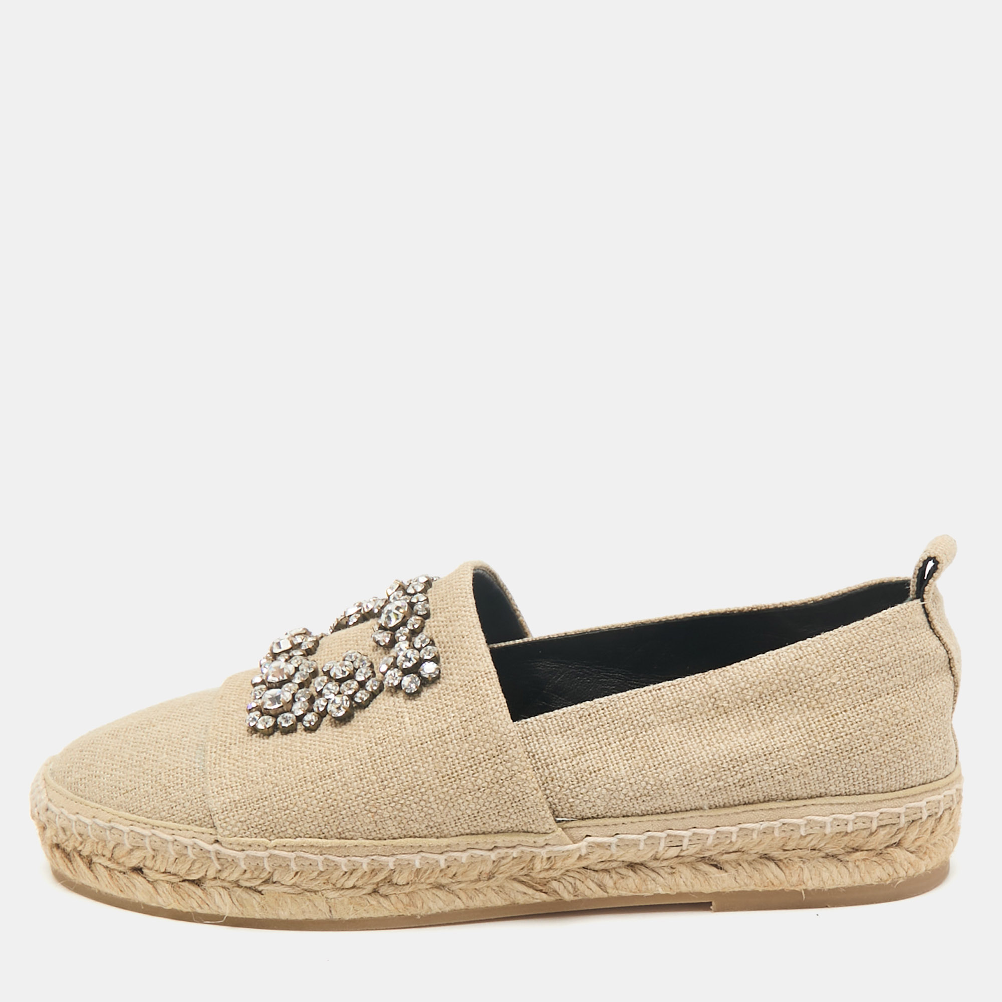 Roger Vivier Beige Canvas Crystal Embellished Espadrille Flats Size
Roger Vivier Beige Canvas Crystal Embellished Espadrille Flats Size