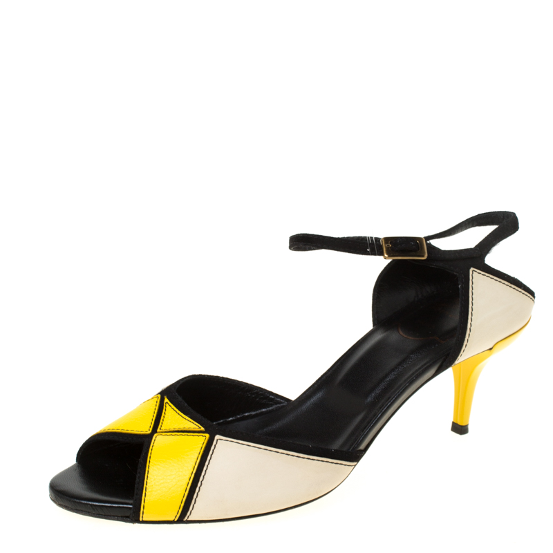 Image of Roger Vivier Tri Color Leather Peep Toe Ankle Strap Sandals Size .