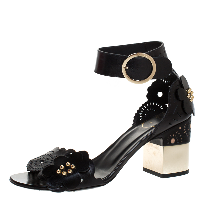 Image of Roger Vivier Black Leather Floral Applique Laser Cut Ankle Strap Sandals Size