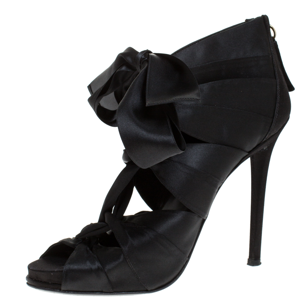Image of Roger Vivier Black Satin Cut Out Tie Up Sandals Size