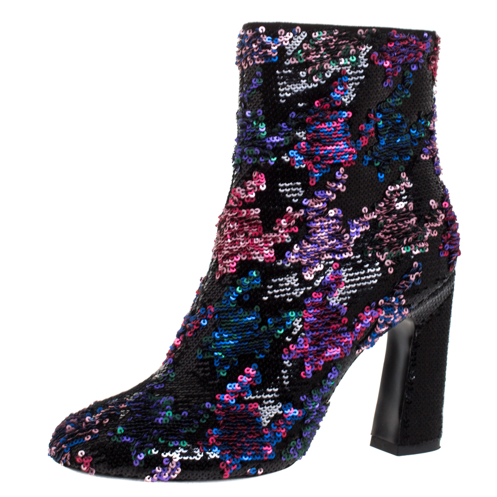 Image of Roger Vivier Multicolor Sequin Embellished Block Heel Ankle Boots Size