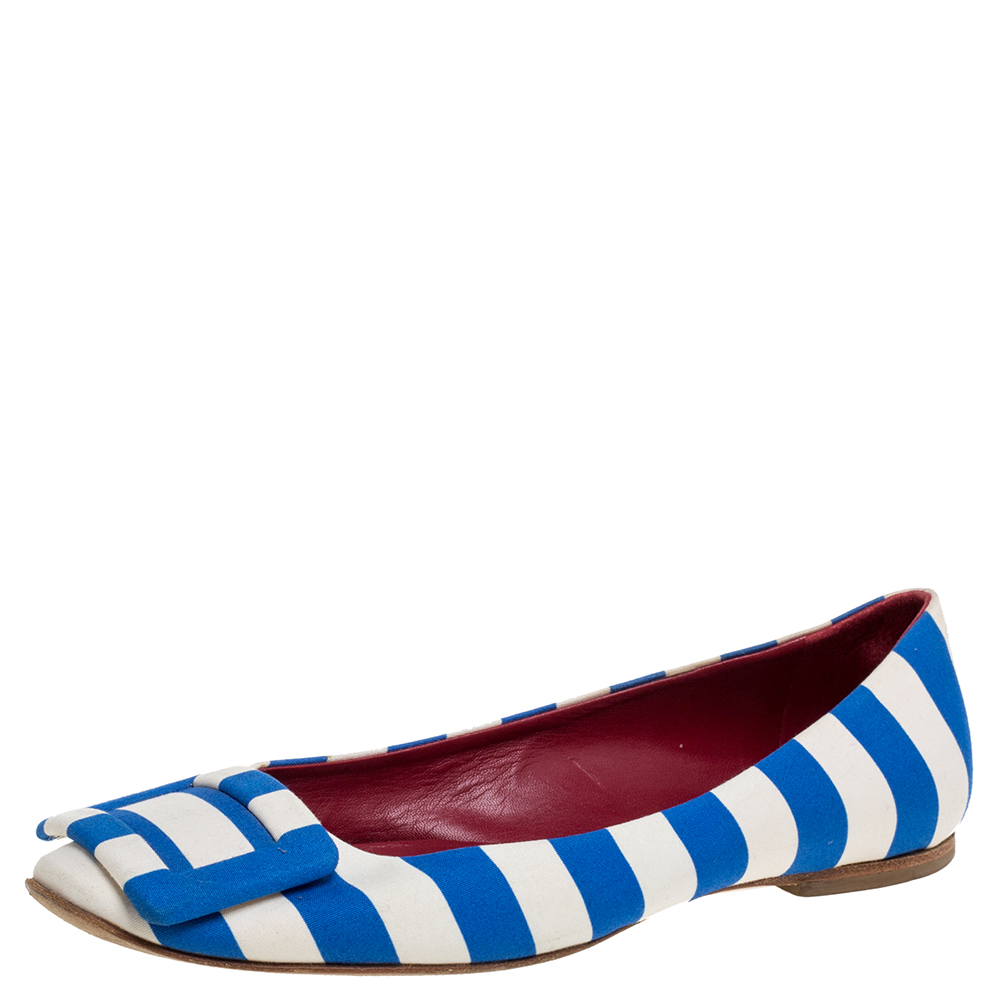 Roger Vivier Blue/White Satin Striped Ballet Flats Size 35.5