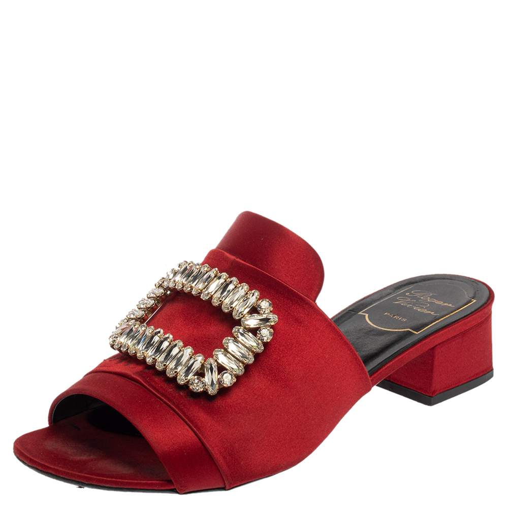 Roger Vivier Red Satin Crystal Embellished Slide Sandals Size 38