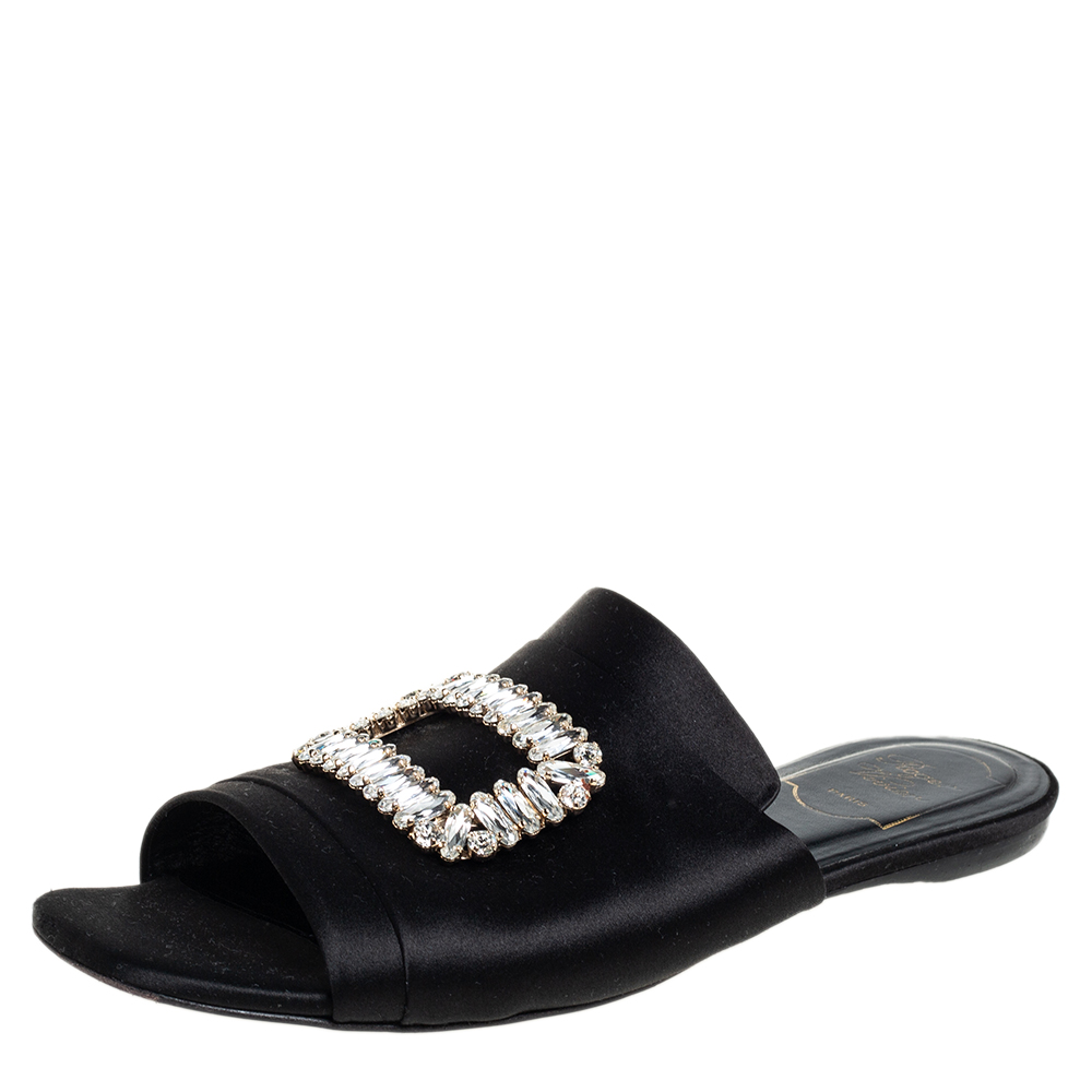 Roger Vivier Black Satin Slip On Embellished Flat Sandals Size 40