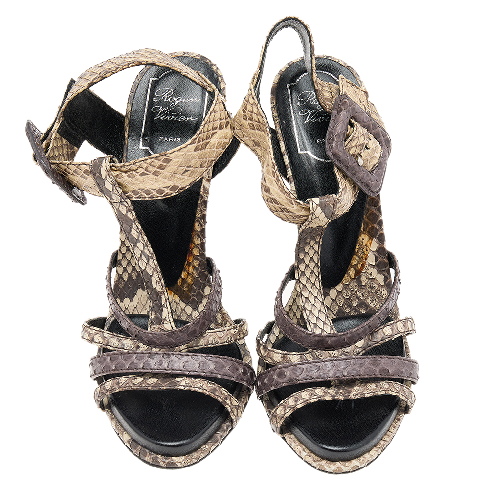 Roger Vivier Brown Python Leather Ankle Strap Sandals Size 39.5