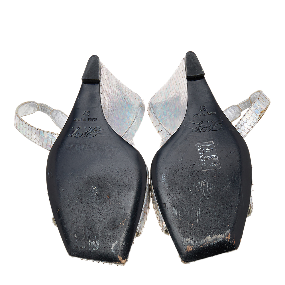 Roger Vivier Metallic Iridescent Python Wedge Slingback Sandals Size 37
