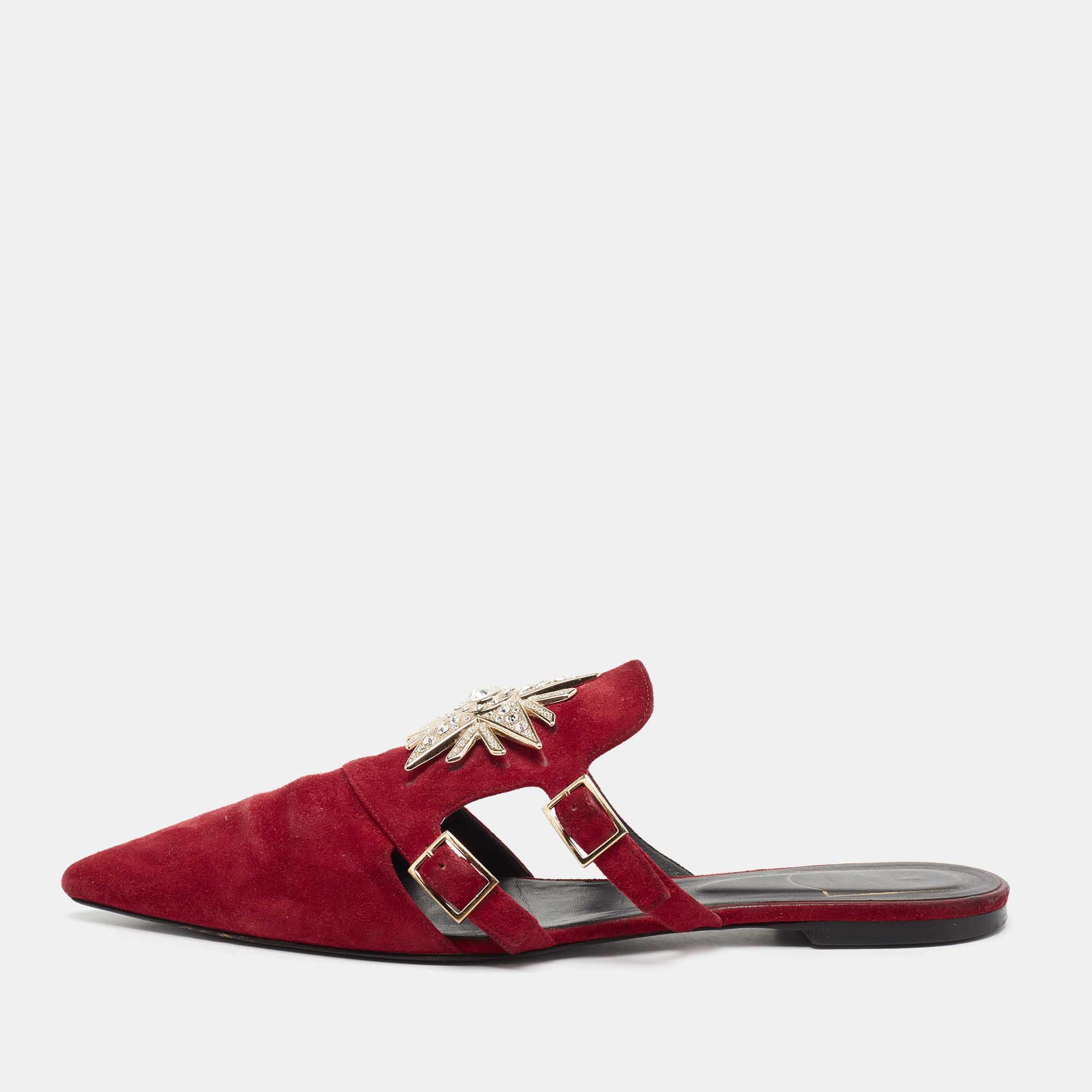 Roger Vivier  Red Suede Star Strass Mule Flats Size 40