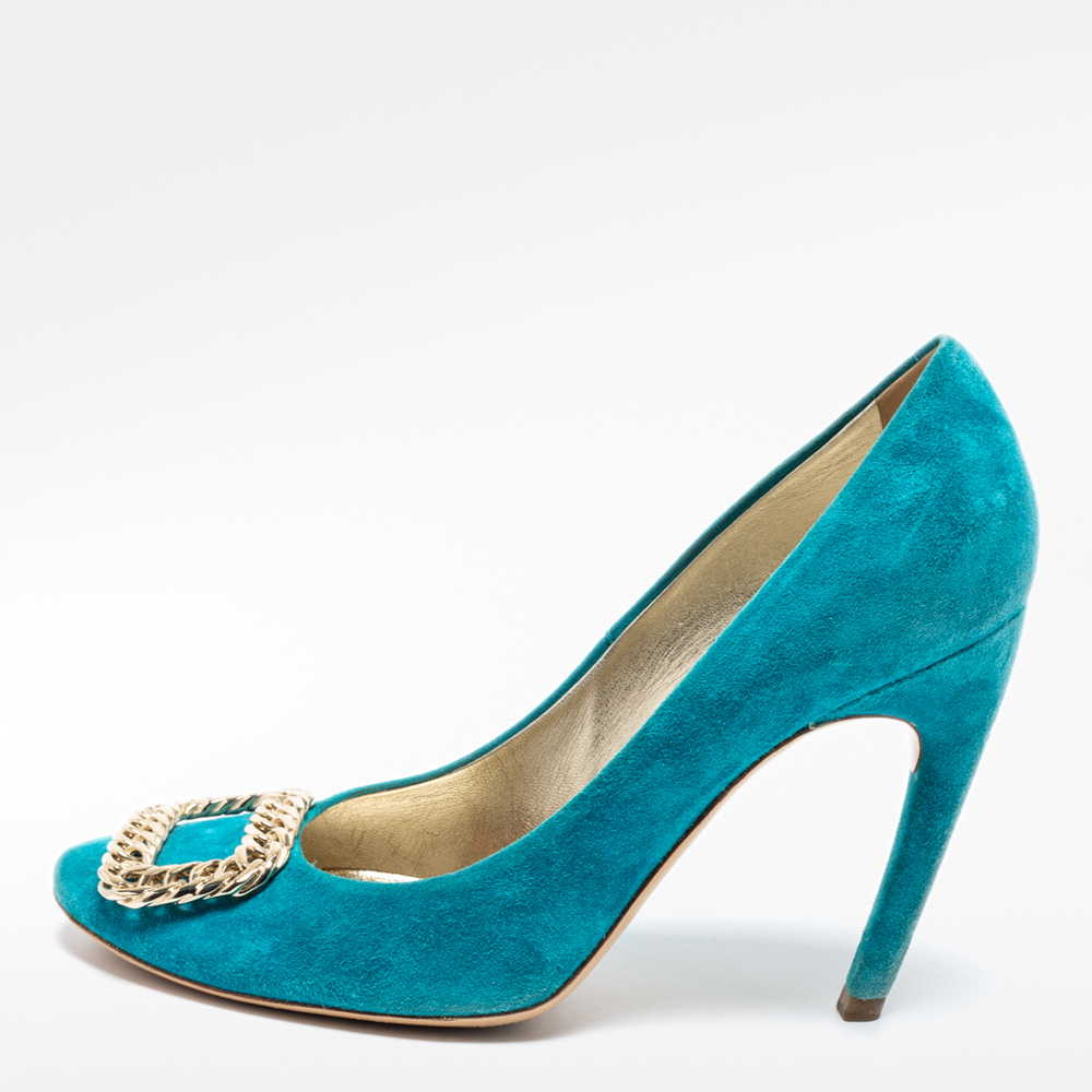 Roger Vivier Turquoise Blue Suede Chain Detail Round Toe Pumps Size 38.5