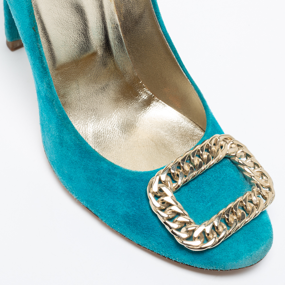 Roger Vivier Turquoise Blue Suede Chain Detail Round Toe Pumps Size 38.5