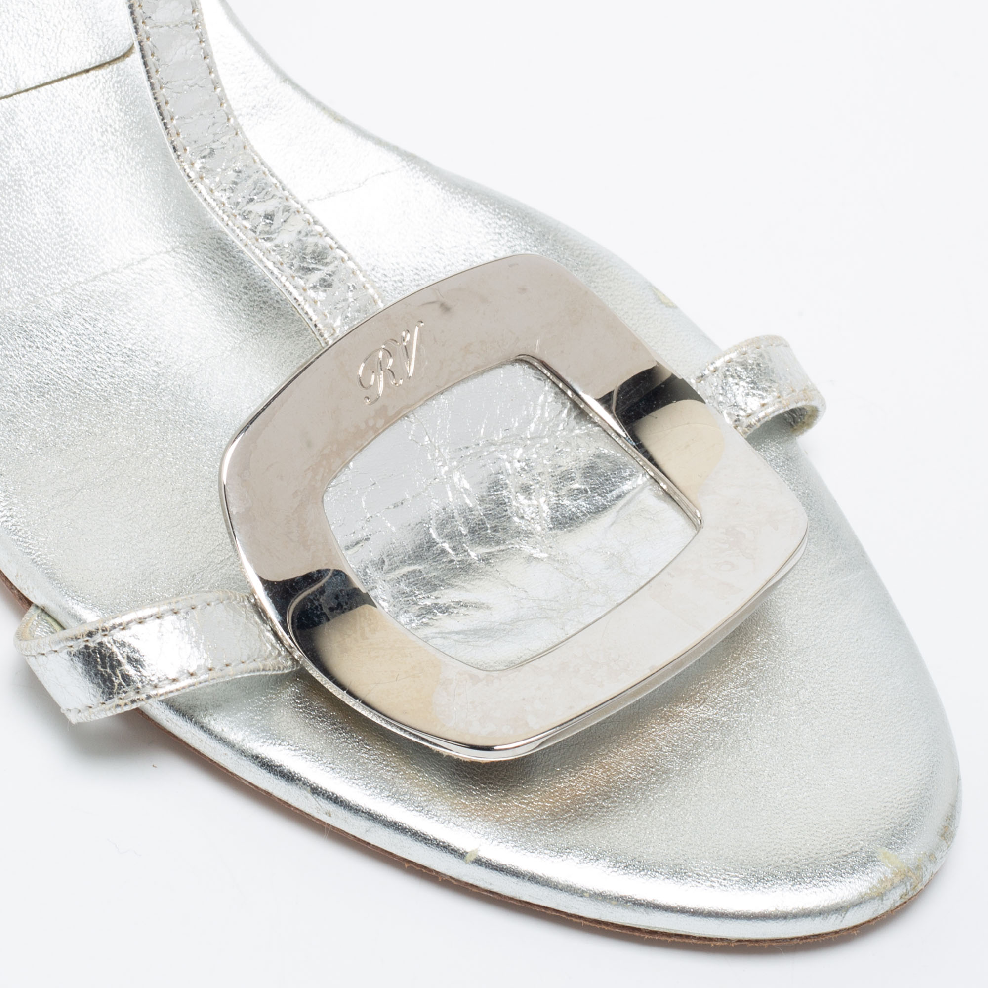 Roger Vivier Silver Metallic Silver Leather Ankle Strap Sandals Size 37