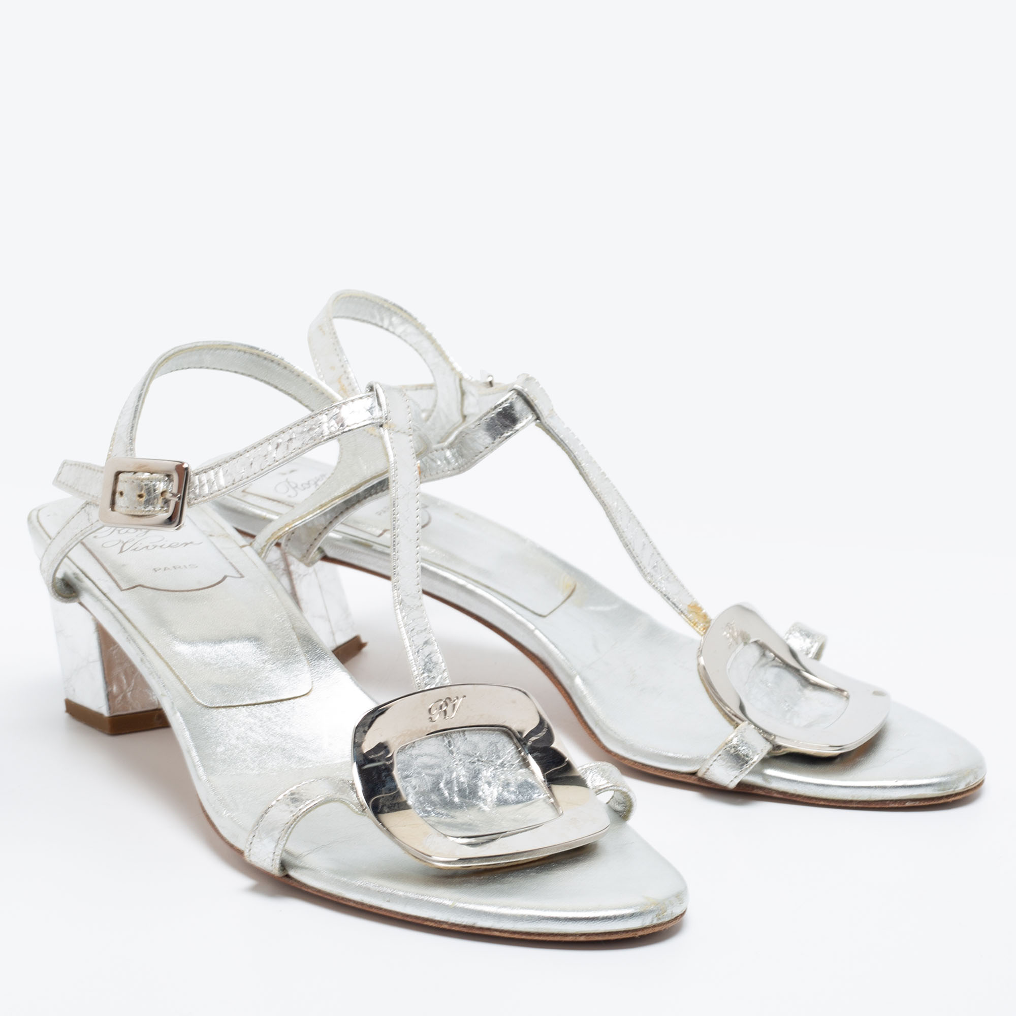 Roger Vivier Silver Metallic Silver Leather Ankle Strap Sandals Size 37