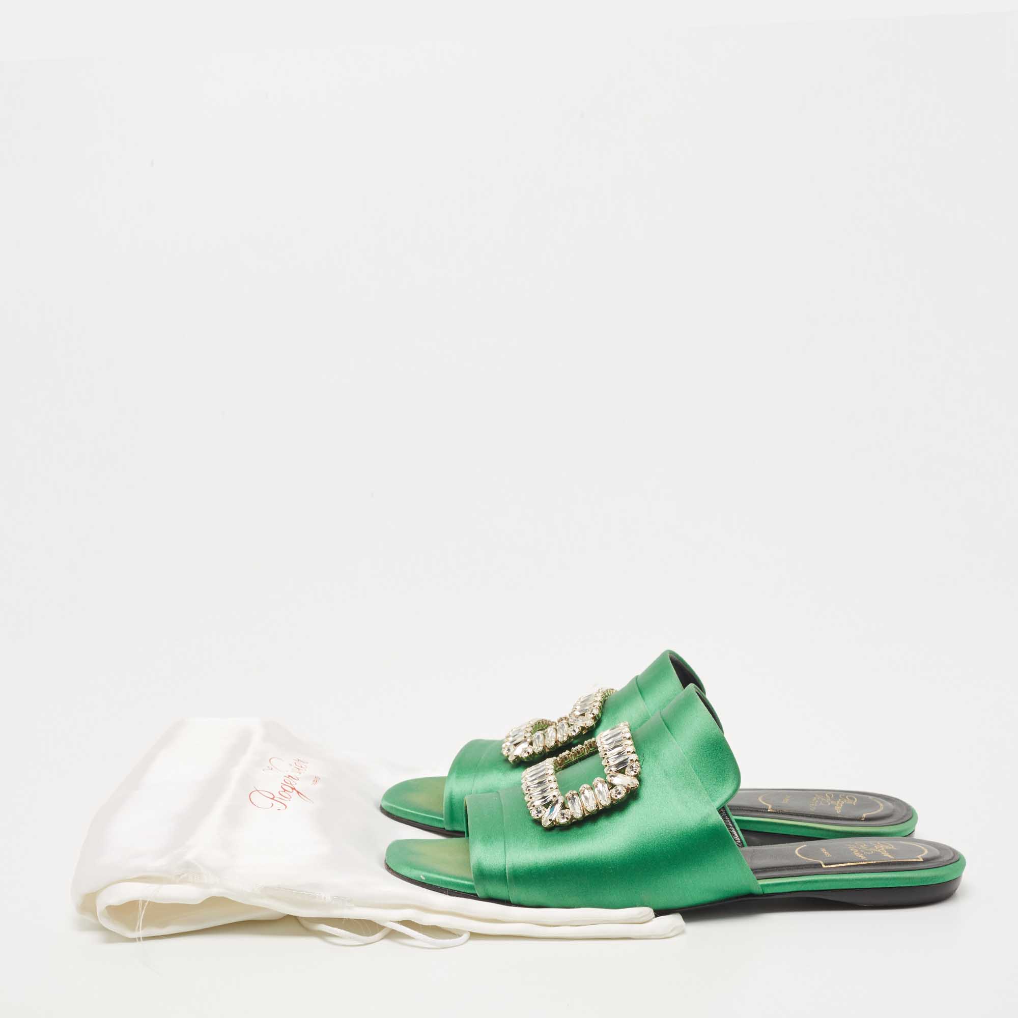 Roger Vivier Green Satin Tiffany Flat Slides Size 37.5