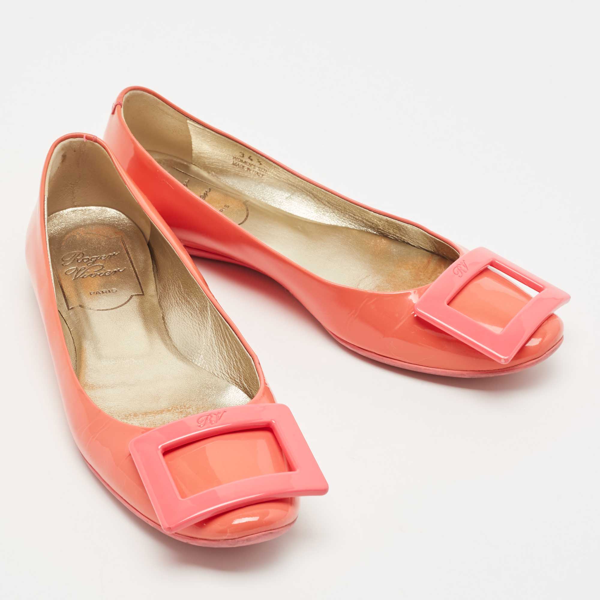Roger Vivier Coral Pink Patent Leather Belle Vivier Ballet Flats Size 34.5