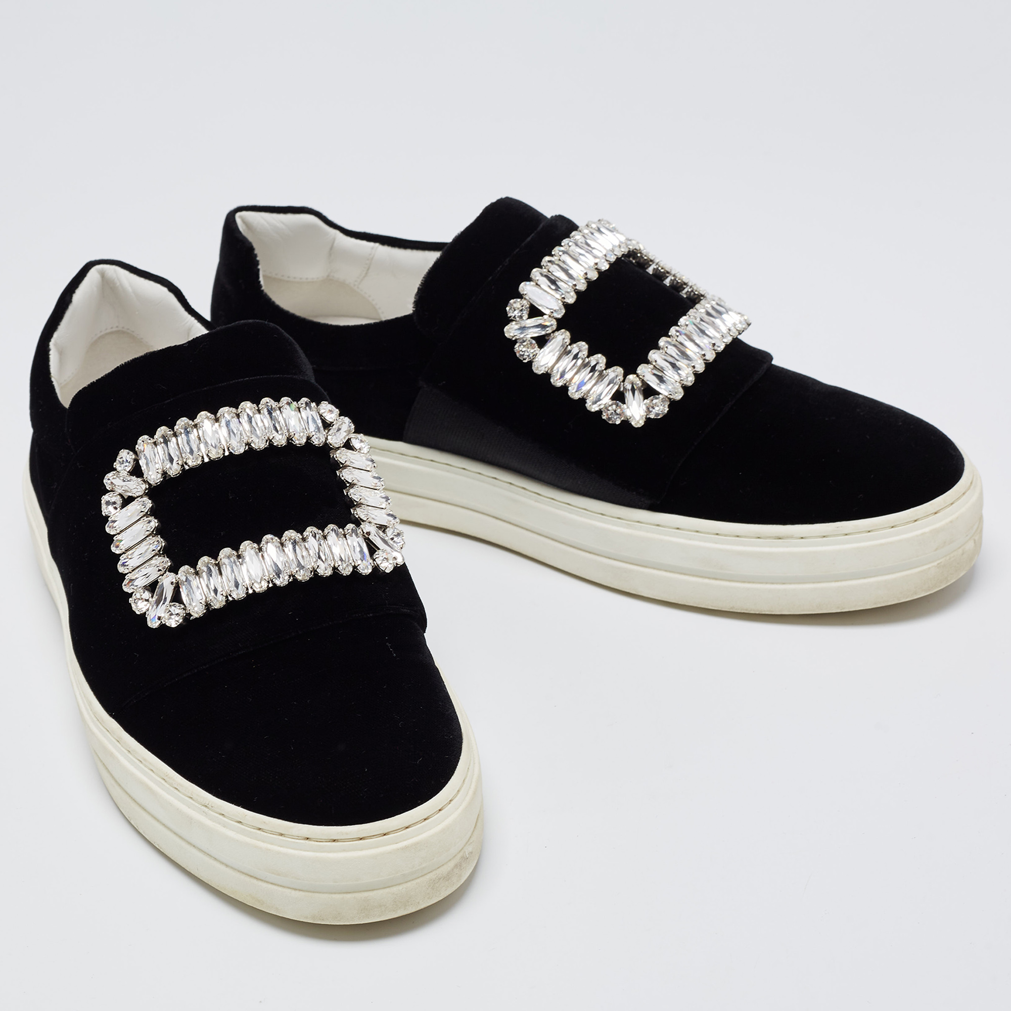 Roger Vivier Black Velvet Sneaky Viv Embellished Slip On Sneakers Size 36