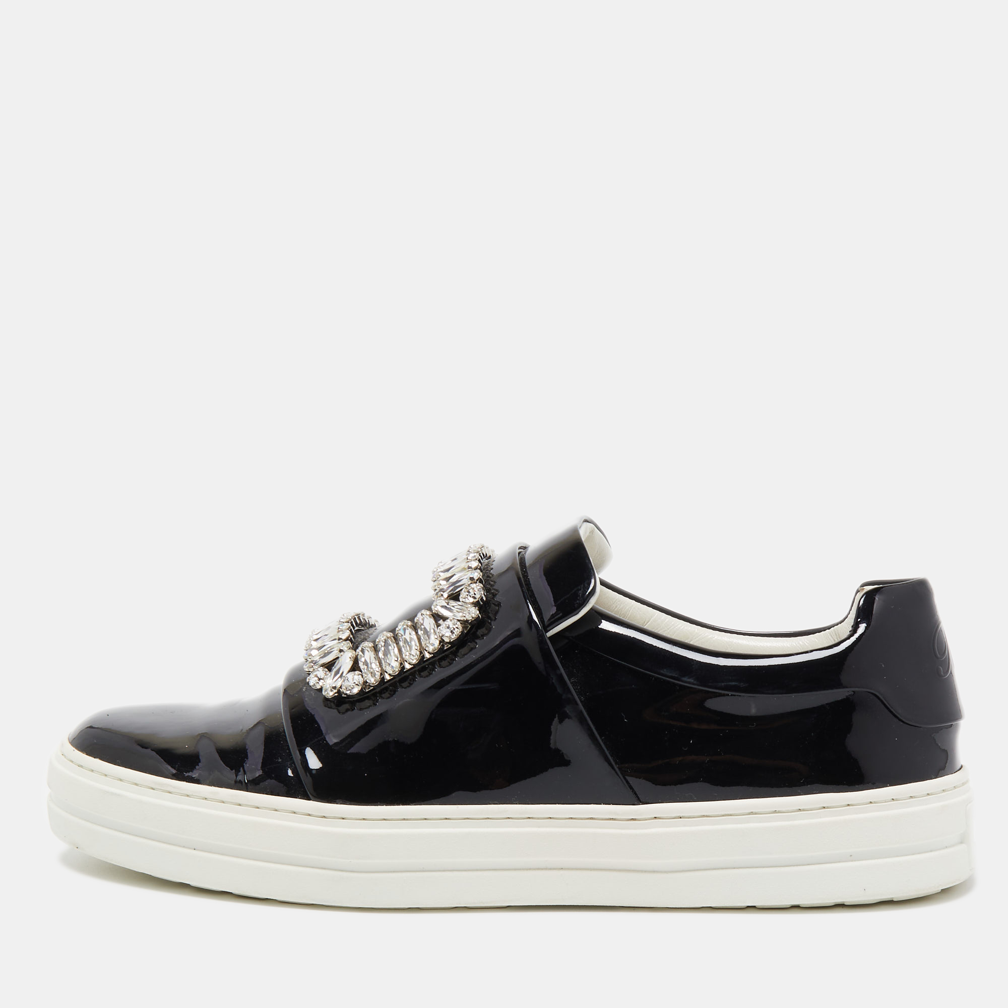 Roger vivier black patent leather sneaky viv crystal embellished slip on sneakers size 38