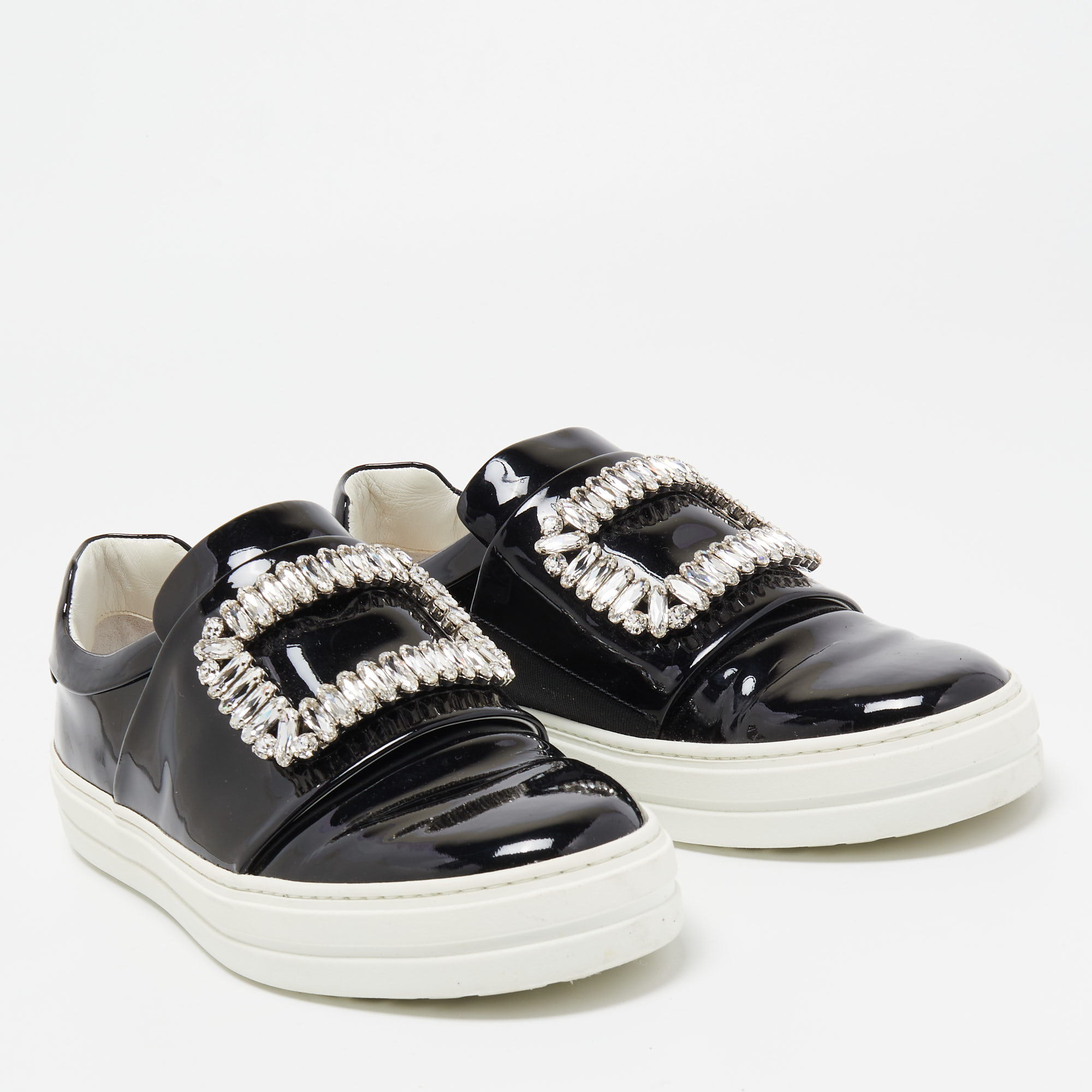 Roger Vivier Black Patent Leather Sneaky Viv Crystal Embellished Slip On Sneakers Size 38