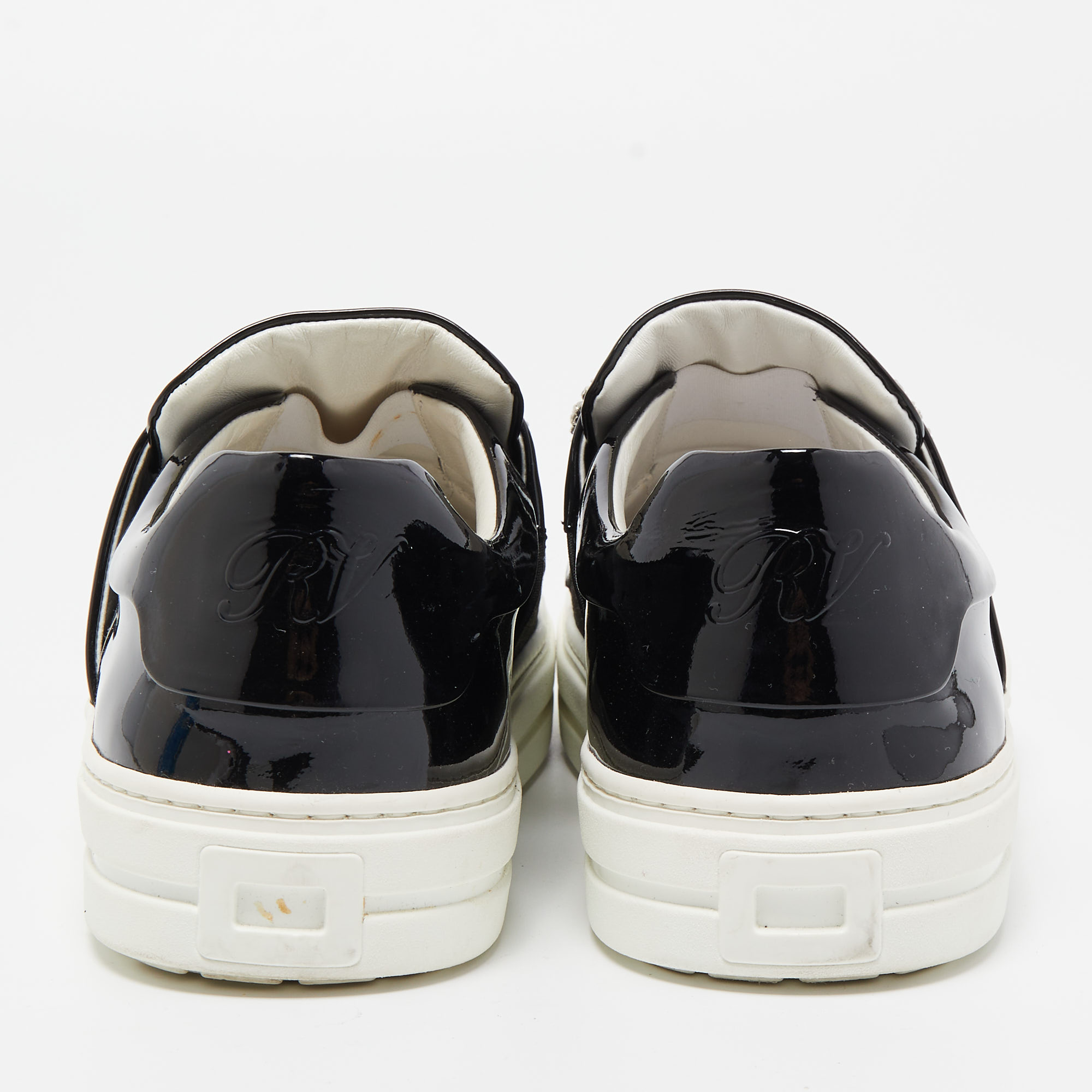 Roger Vivier Black Patent Leather Sneaky Viv Crystal Embellished Slip On Sneakers Size 38