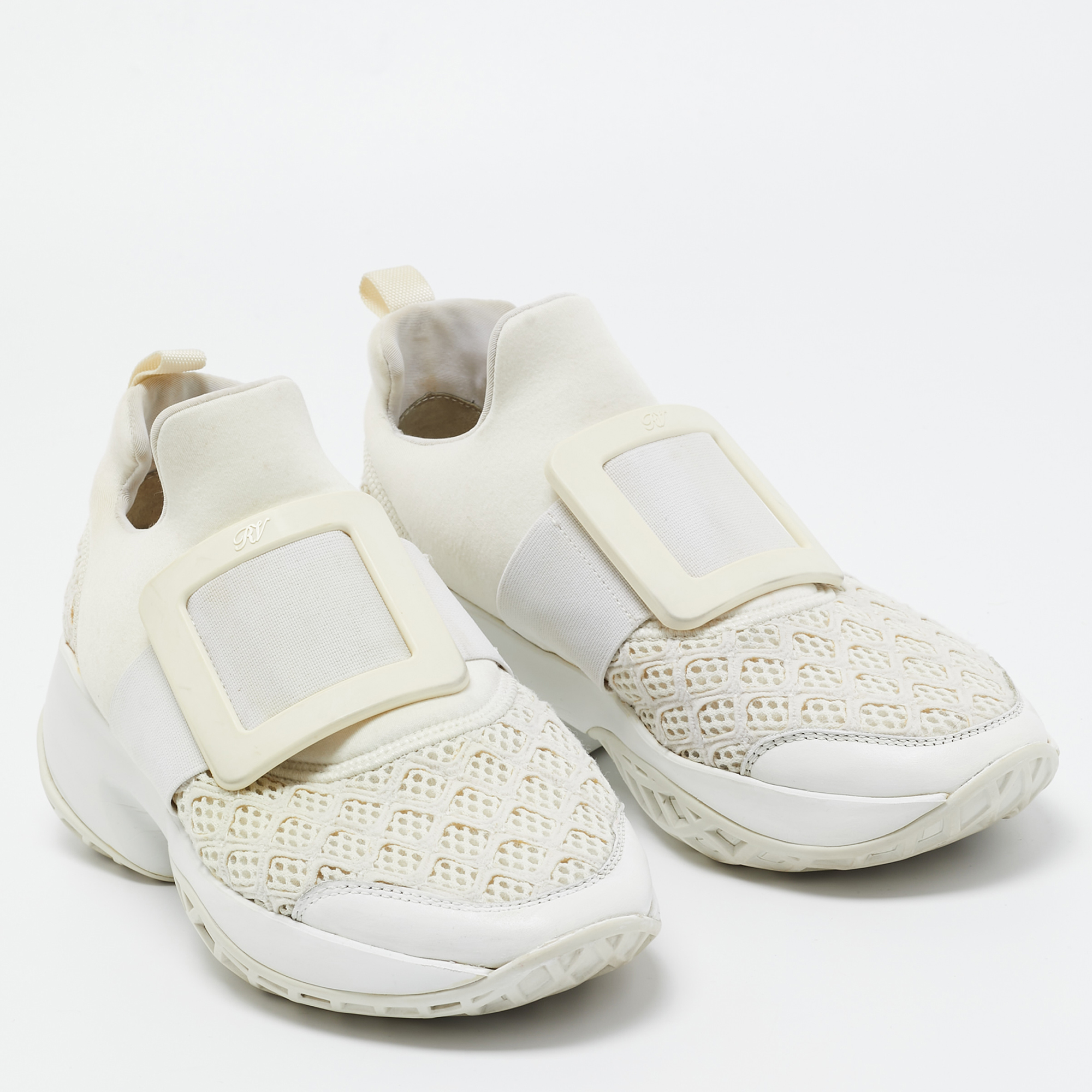 Roger Vivier White Neoprene And Lace Viv Run Sneakers Size 35.5