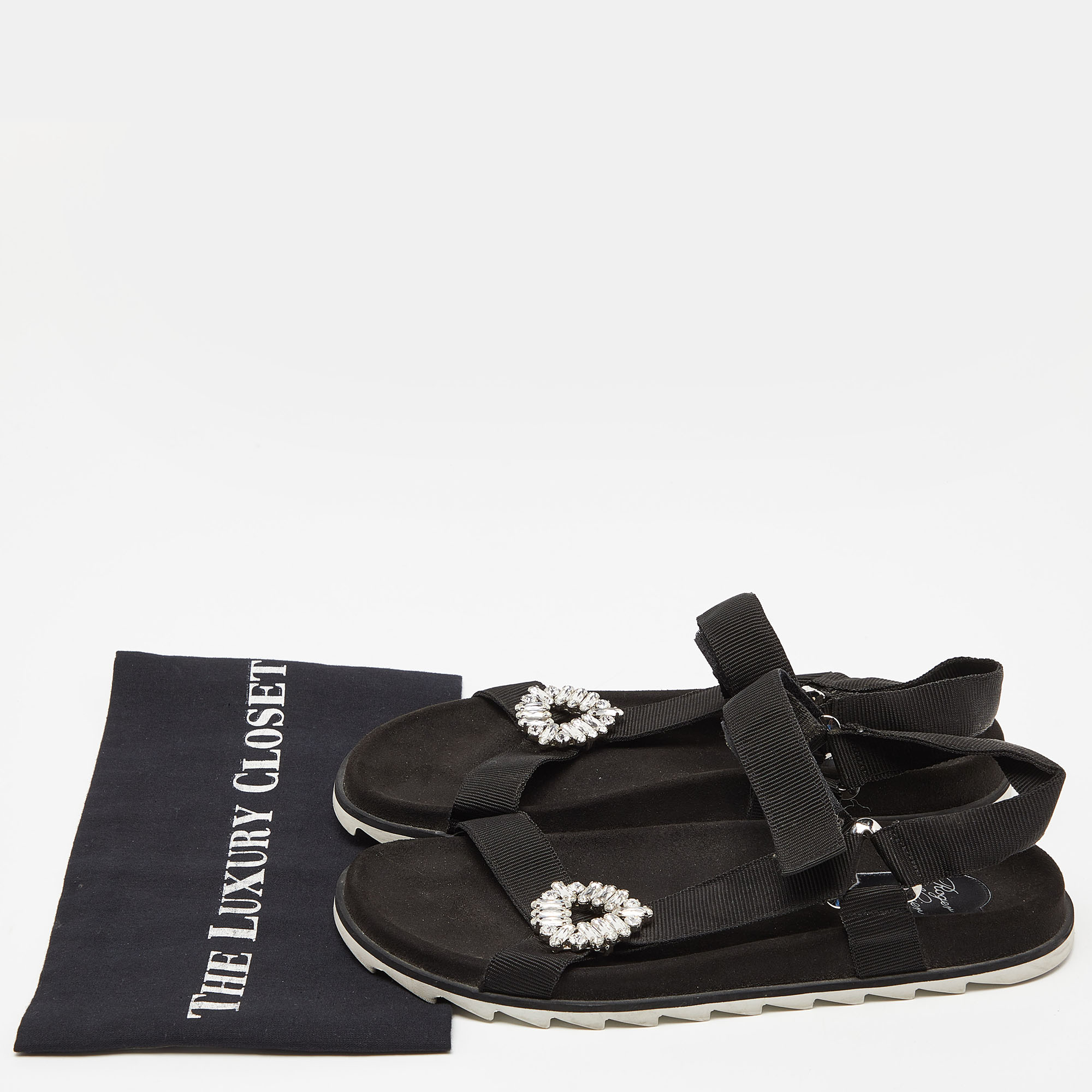 Roger Vivier Black Fabric Crystal Embellished Buckle Trekky Viv'  Flat Sandals Size 40