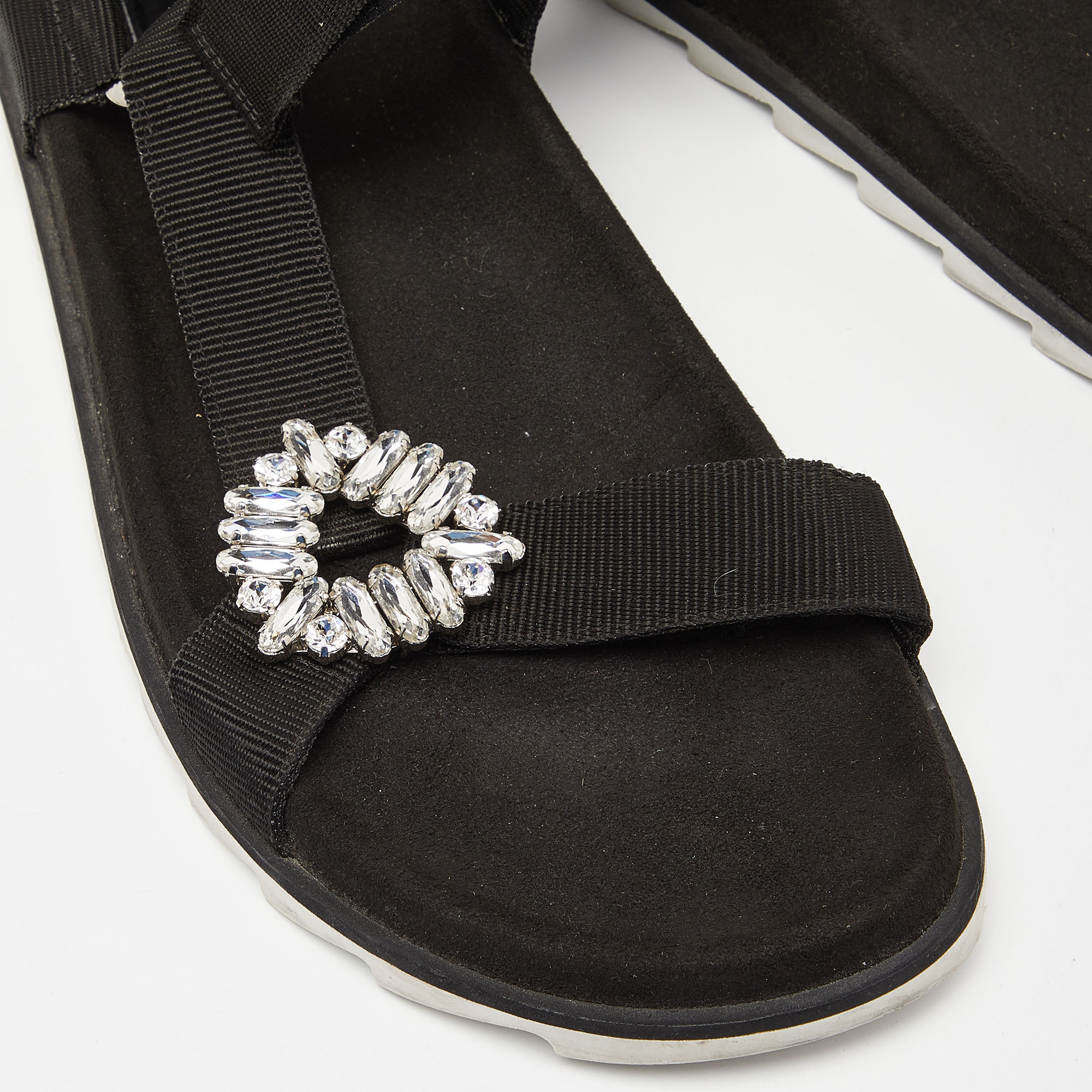 Roger Vivier Black Fabric Crystal Embellished Buckle Trekky Viv'  Flat Sandals Size 40