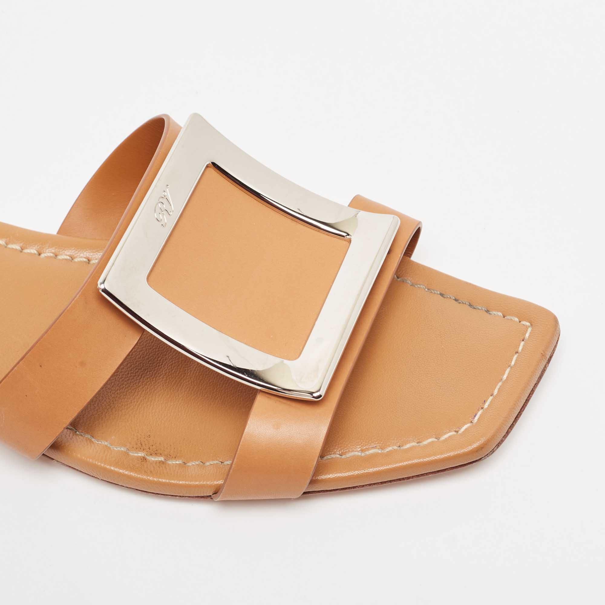 Roger Vivier Brown Leather Flat Slides Size 36.5