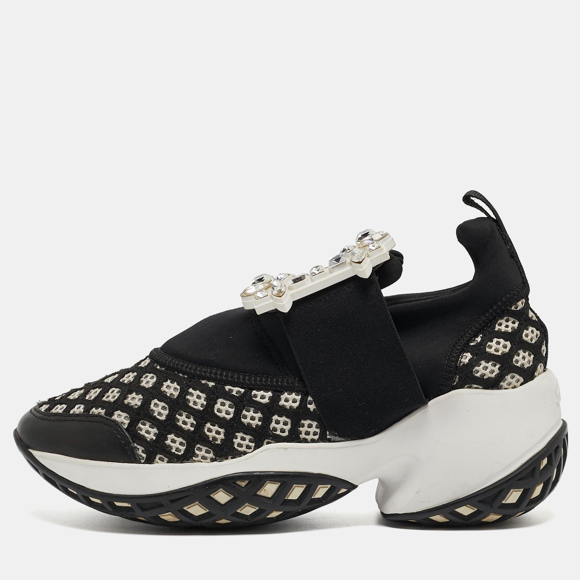 Roger vivier black/white mesh and neoprene viv run strass sneakers size 35
