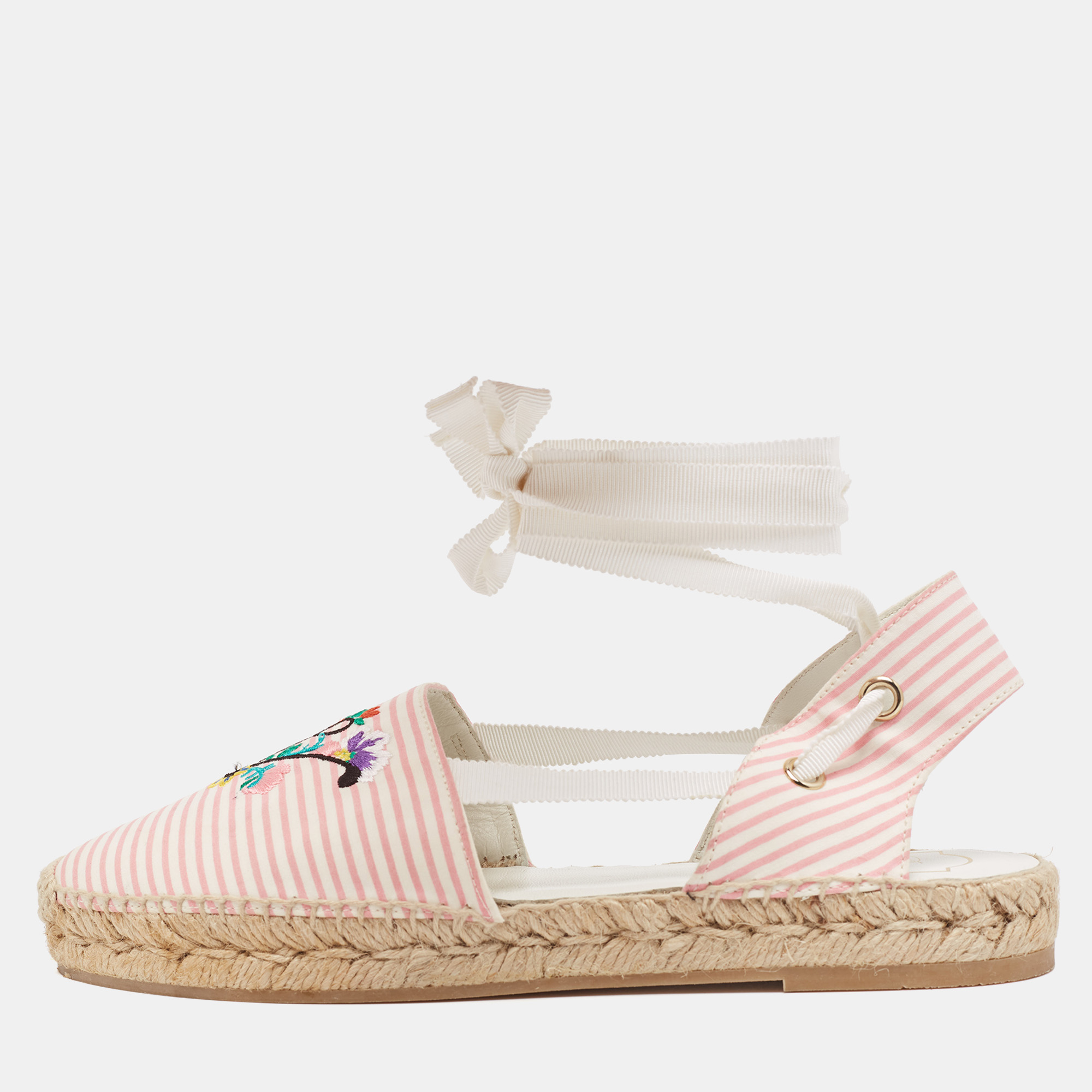 Roger vivier pink/white stripe fabric embroidered ankle wrap espadrilles flats size 40