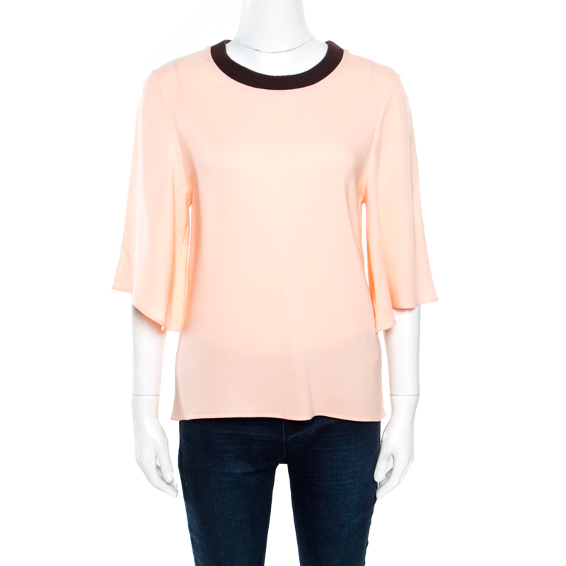 Roksanda Ilincic Peach Crepe Contrast Ribbed Neck Detail Flared Sleeve Top S