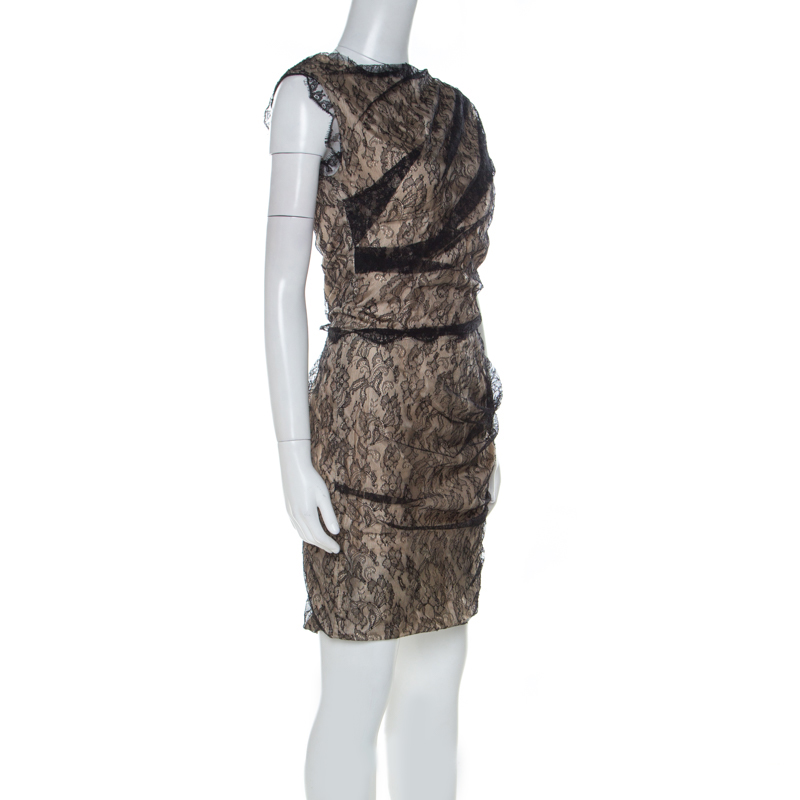 Roksanda Ilincic Black & Beige Lace & Silk Gather Detail Dress S