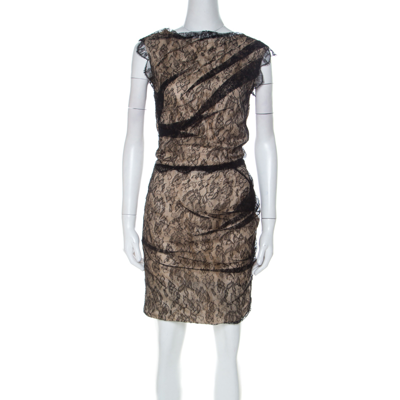Roksanda ilincic black & beige lace & silk gather detail dress s