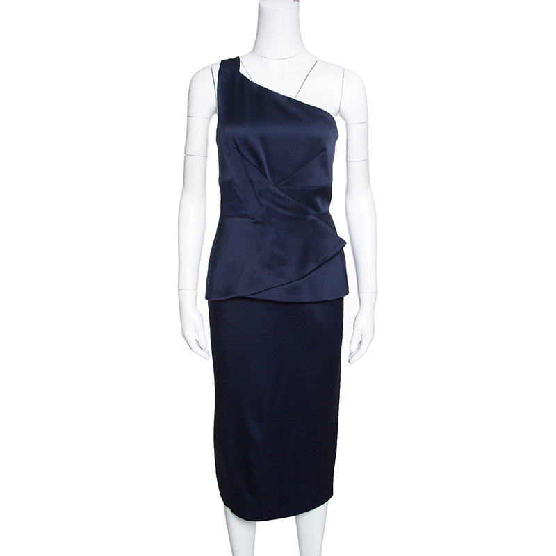 Image of Roland Mouret Navy Blue Satin Half Peplum Anerley One Shoulder Dress L