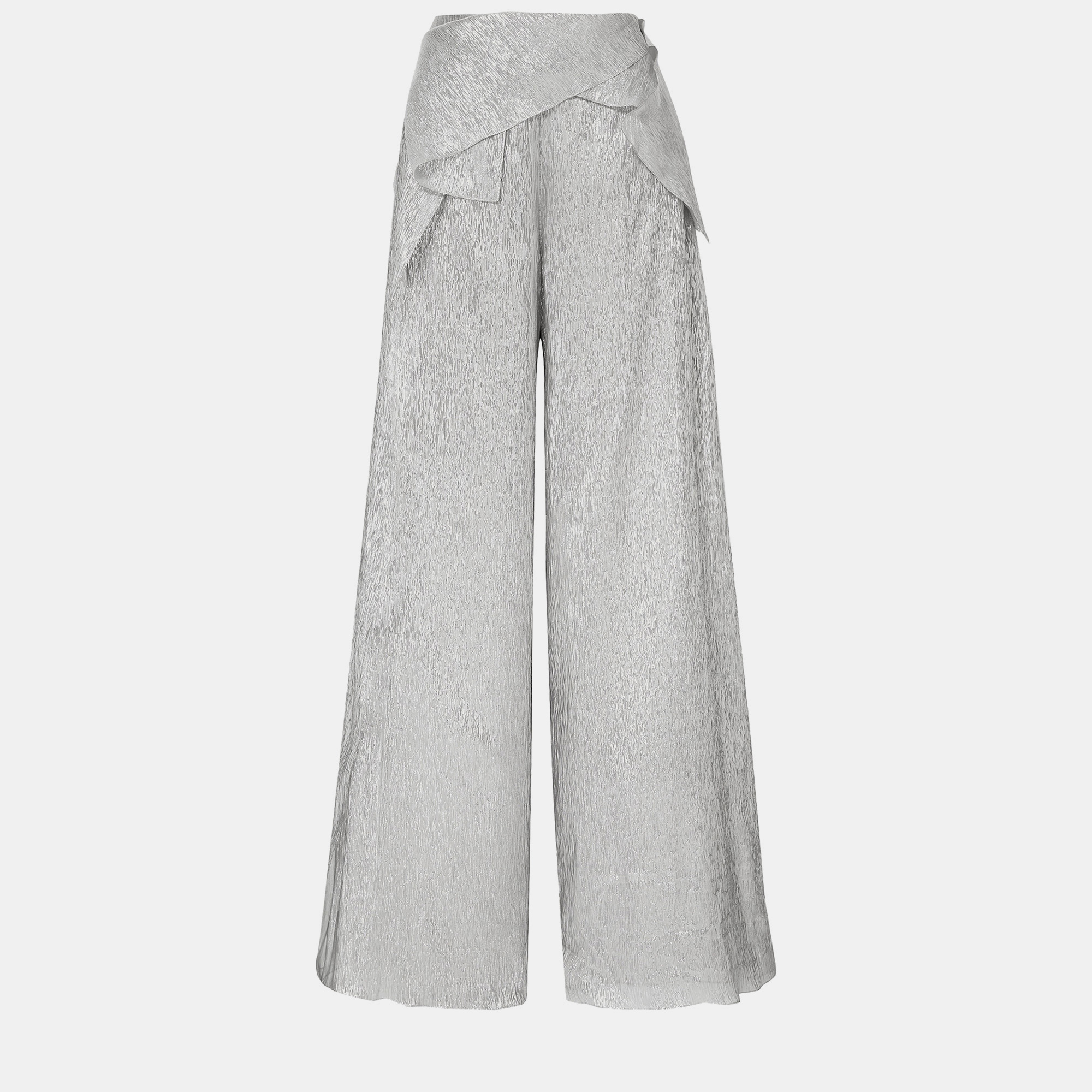 Roland mouret silver crinkled silk wide leg pants 3xl (uk 20)