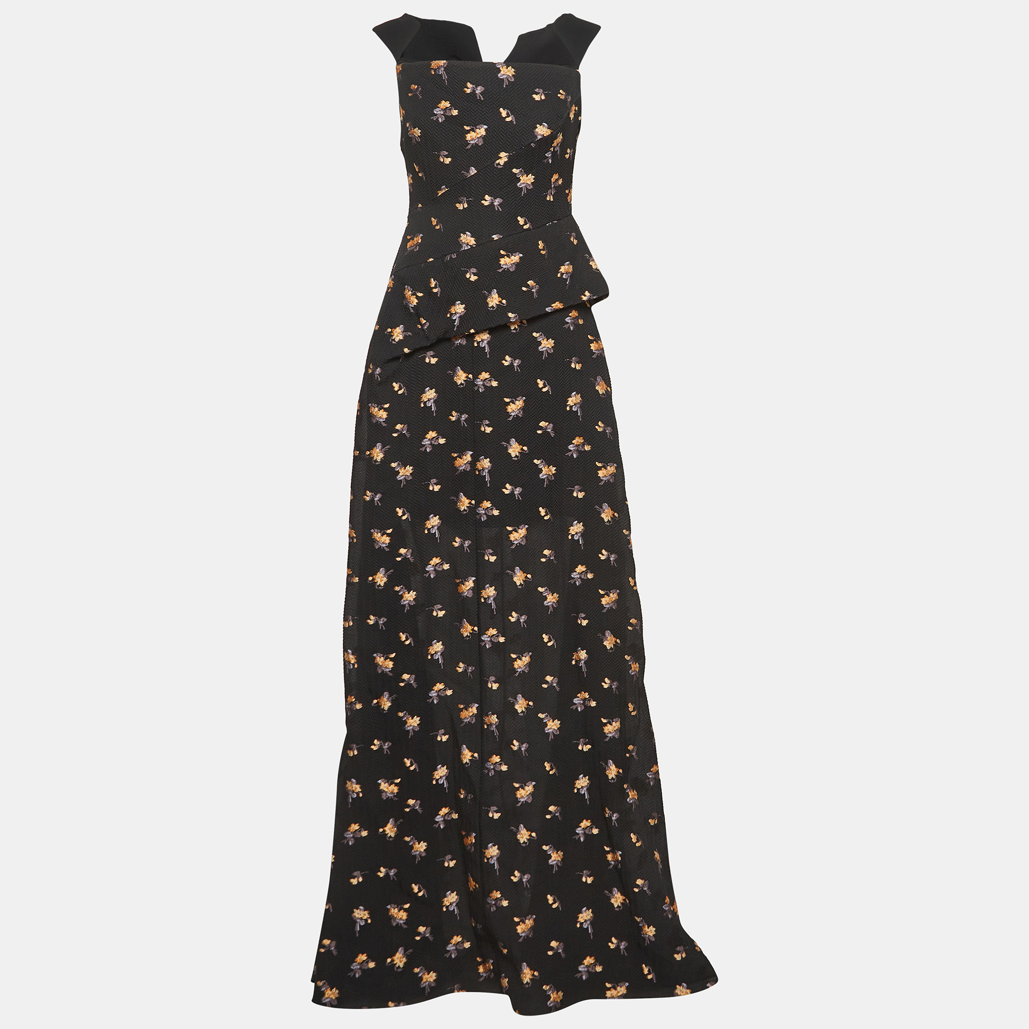 Roland mouret black floral textured silk blend off shoulder heddon gown m