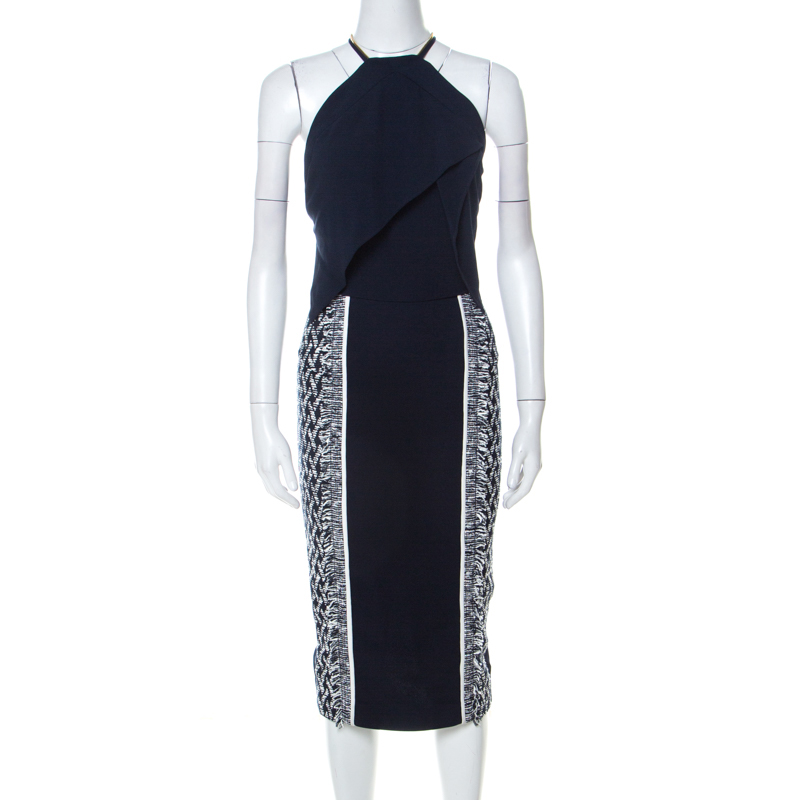 Image of Roland Mouret Navy Blue & White Crepe & Tweed Zip Strap Detail Paneled Midi Dress S