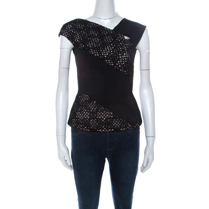Image of Roland Mouret Black Crepe & Lace Sleeveless Peplum Florence Top S