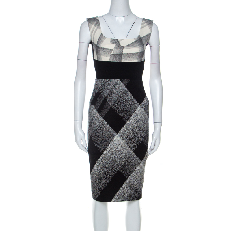 Image of Roland Mouret Black & Off-White Wool Blend Graphic Print Sleeveless Dress S