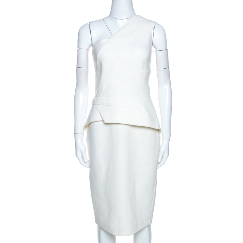 Image of Roland Mouret Off White Wool Lyford One Shoulder Dress L