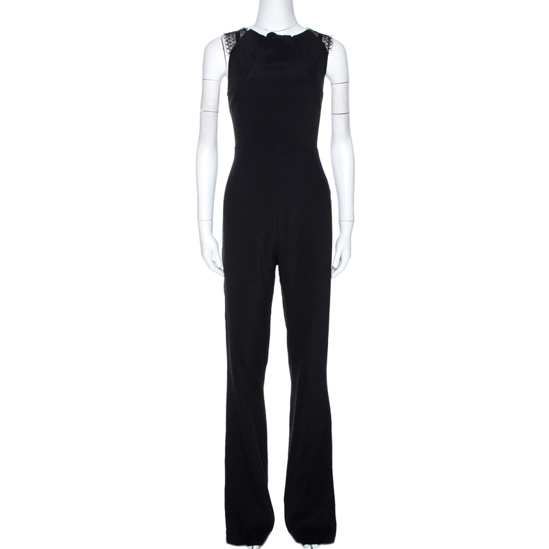 Image of Roland Mouret Black Stretch Crepe & Lace Insert Sleeveless Jumpsuit L