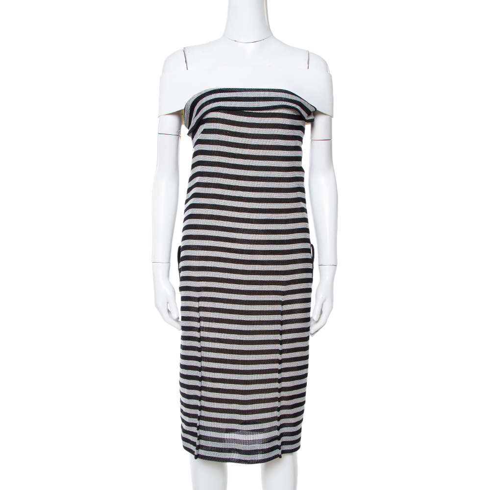 Roland mouret monochrome striped cotton basketweave layan dress m