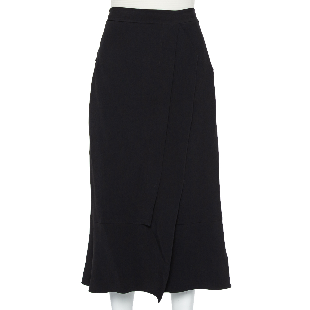 Roland Mouret Black Crepe Ruffled Faux Wrap Midi Skirt XL