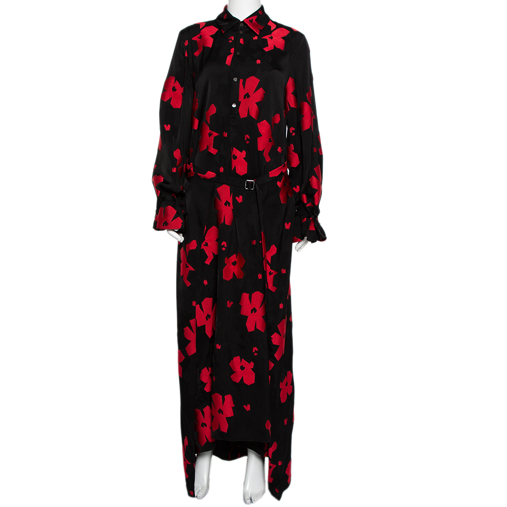 Roland Mouret Black & Red Floral Jacquard Belted Layered Dress M