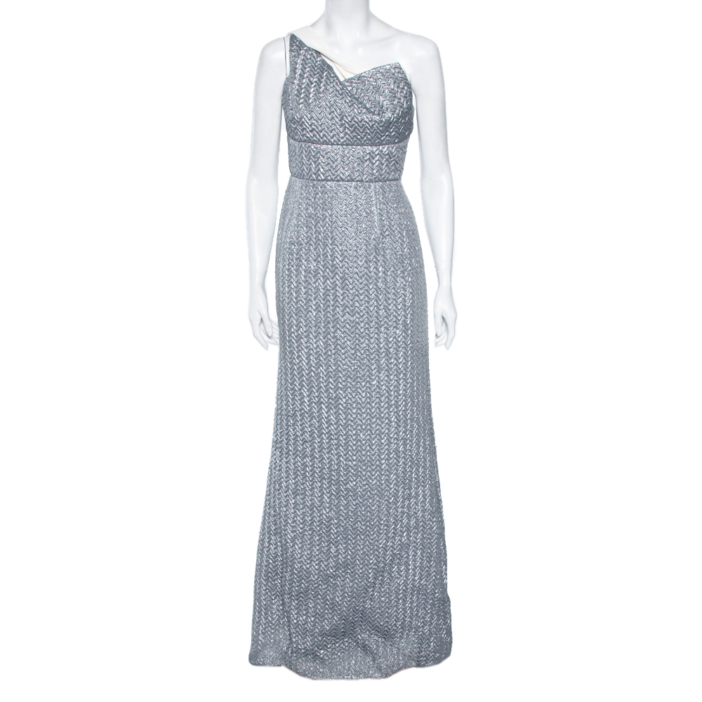 Roland mouret silver silk knit one- shoulder maxi dress m