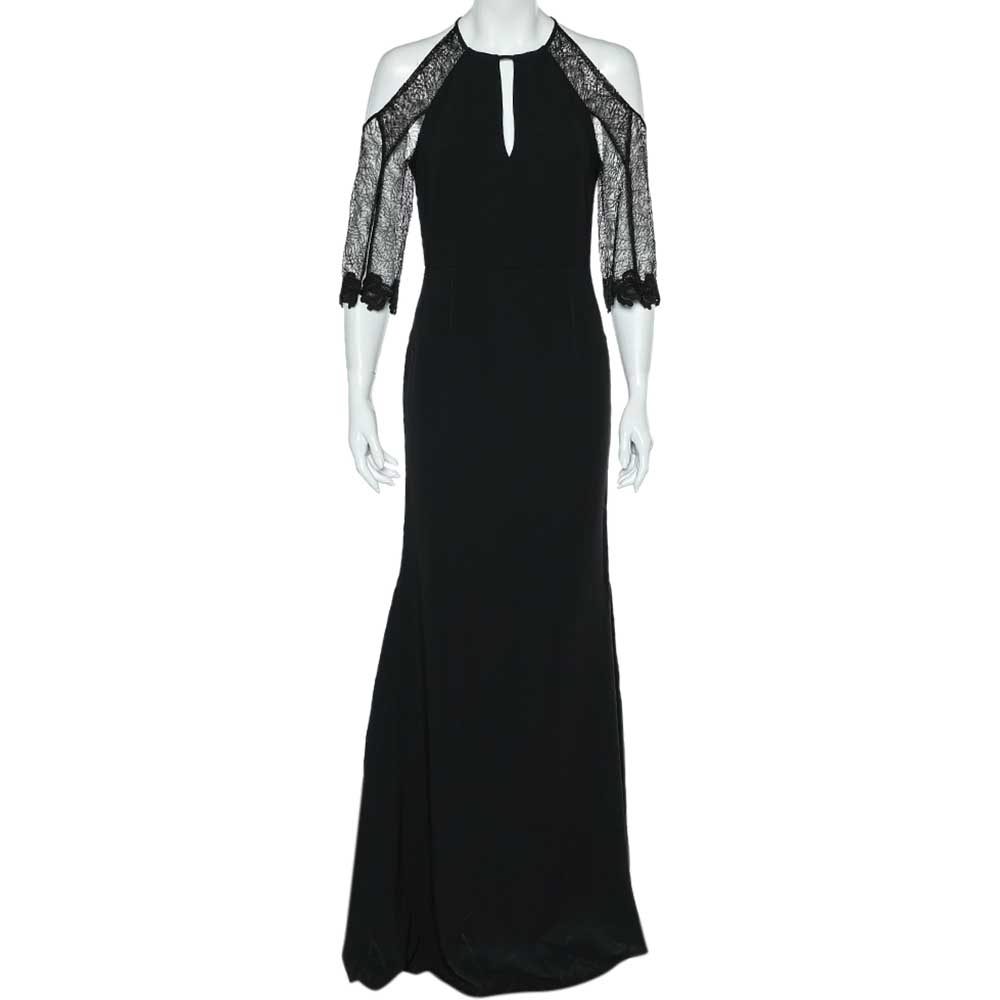 Roland Mouret Black Crepe & Lace Paneled Carrington Gown M