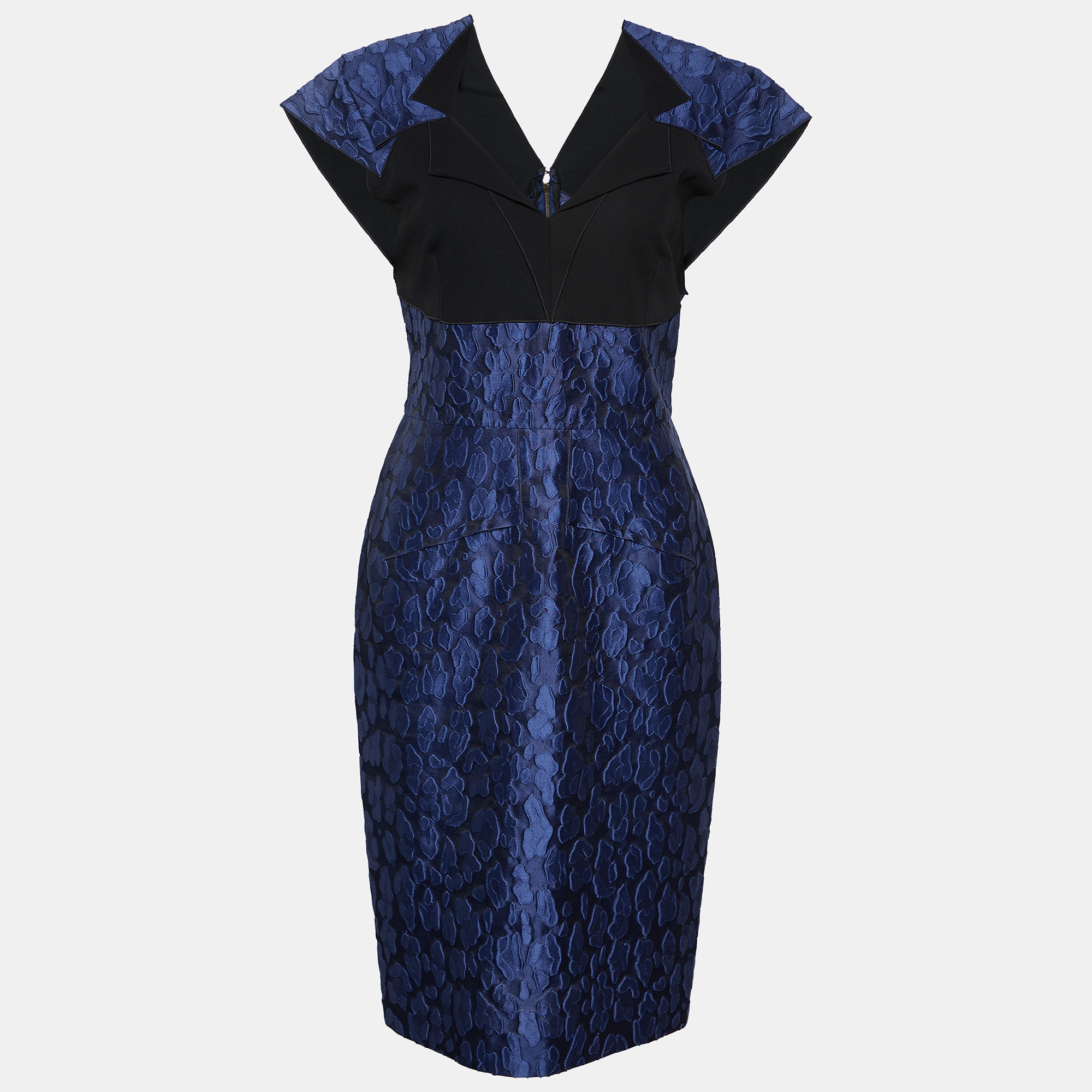 Roland Mouret Navy Blue Mirah Jacquard Cotton Silk Midi Dress S