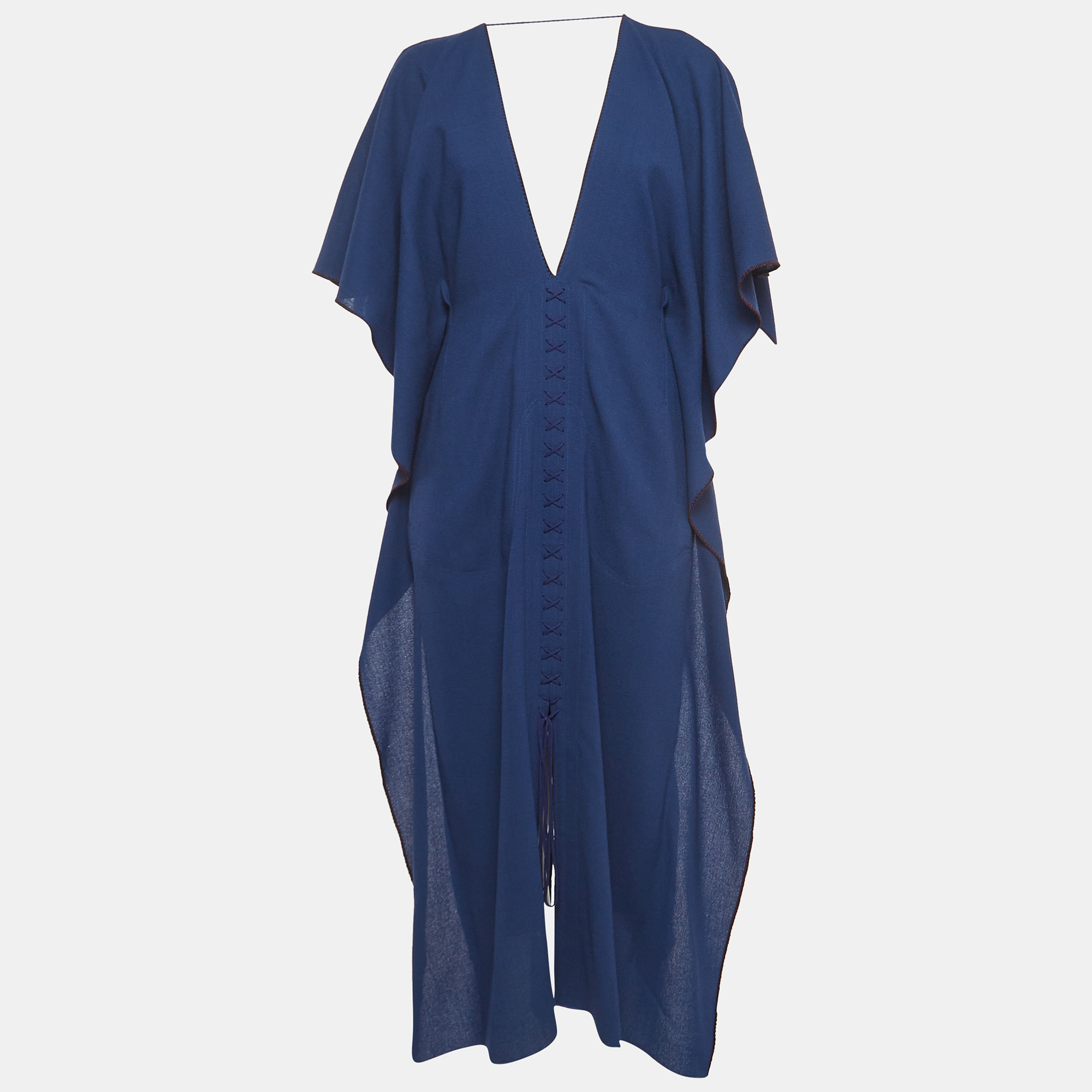 Roland mouret blue wool lace-up detail midi kaftan dress m