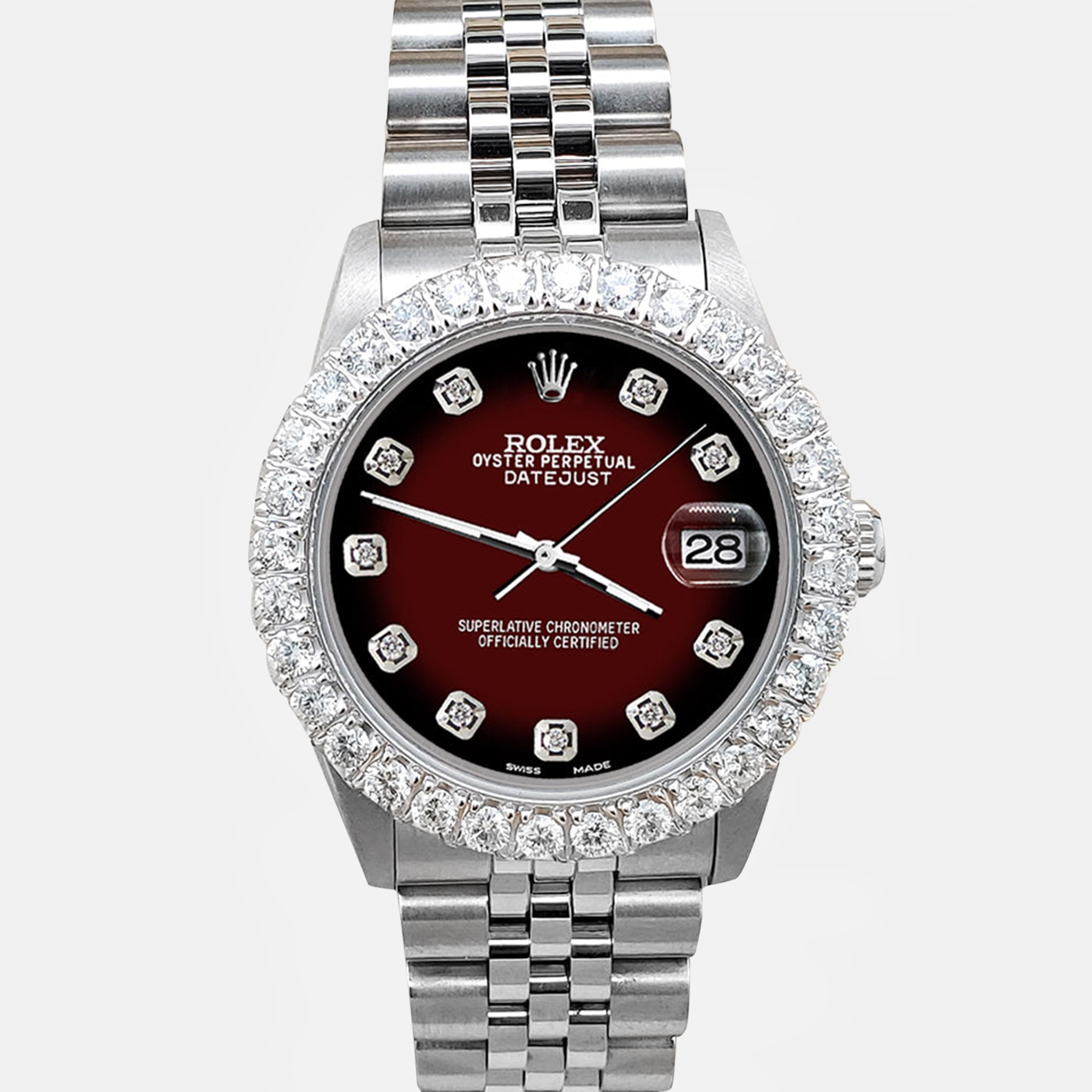 Rolex Custom Maroon Vignette 2.25ct Diamonds Stainless Steel Datejust Automatic Women's Wristwatch, Red
Rolex Custom Maroon Vignette 2.25ct Diamonds Stainless Steel Datejust Automatic Women's Wristwatch, Red