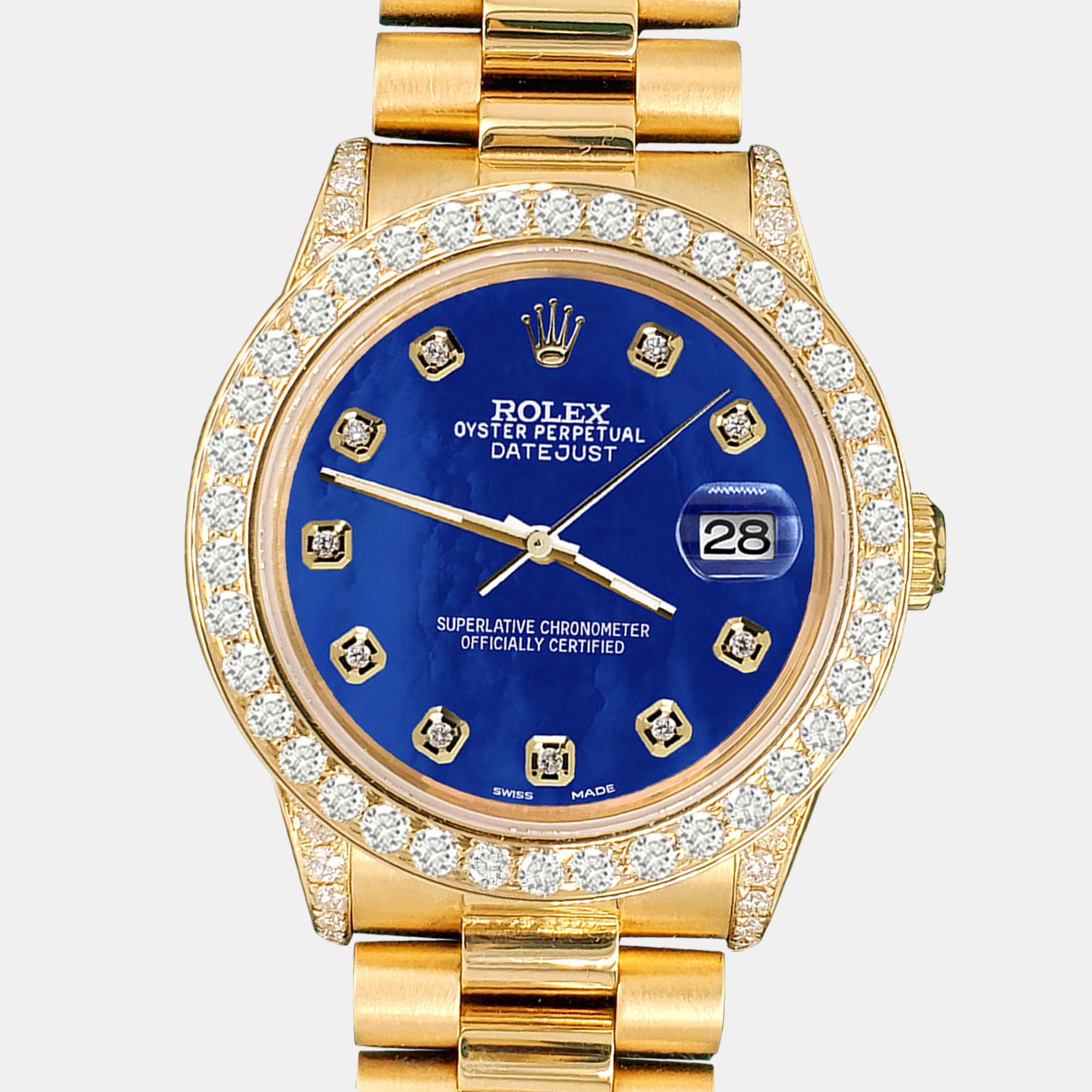 Rolex Custom Royal Blue 2.3ct Diamonds 18K Yellow Gold President Datejust  Automatic Women's Wristwatch 31mm