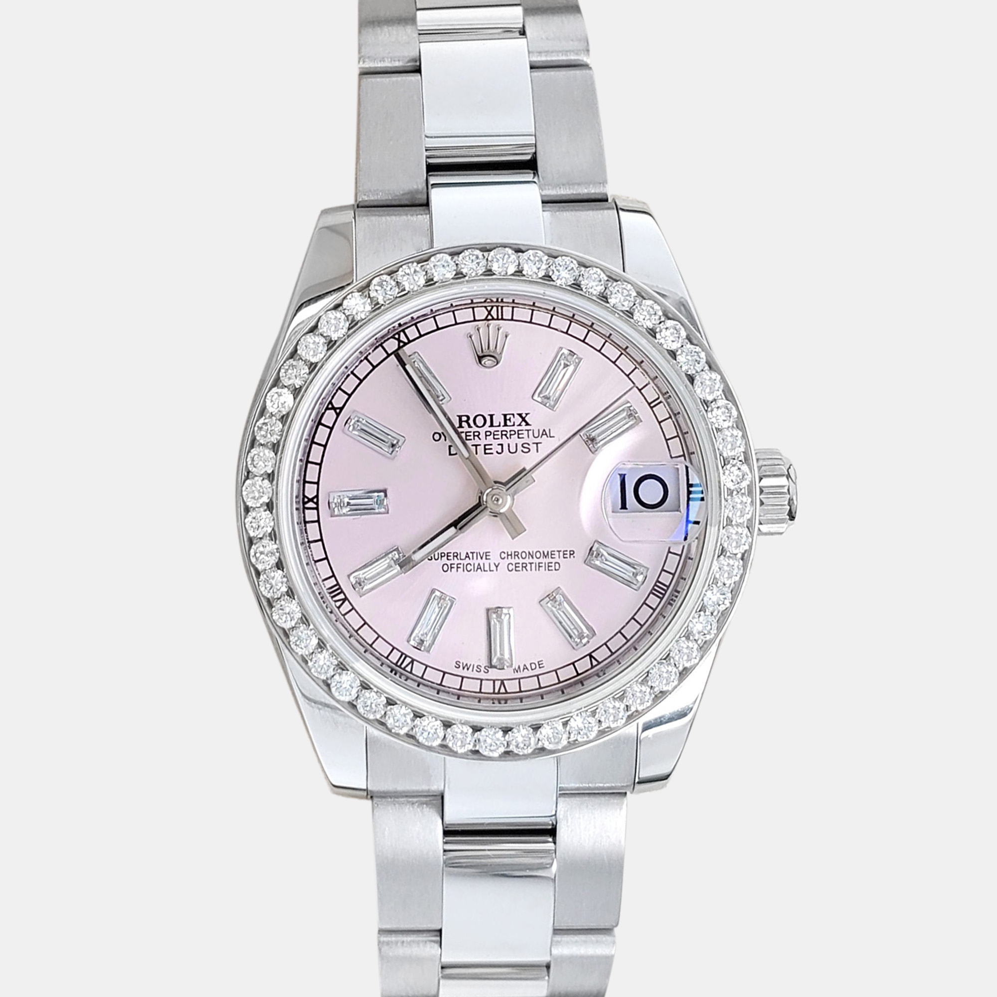 Rolex Custom Pink Baguette 1.2ct Diamonds Stainless Steel Datejust 178240 Automatic Women's Wristwatch 31mm