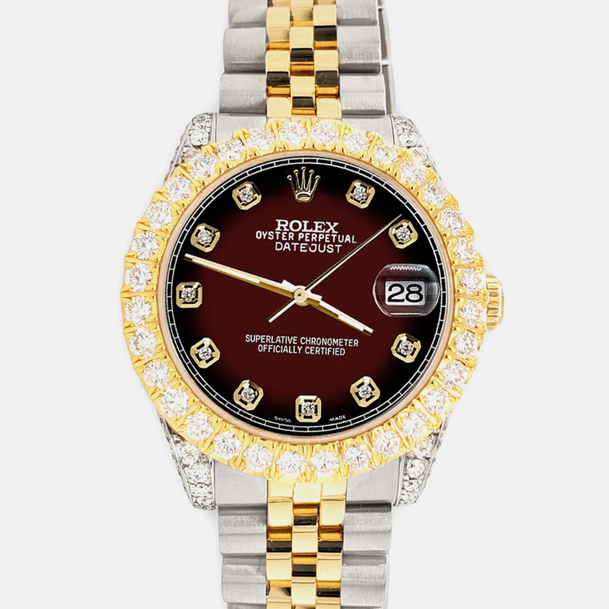 Rolex Custom Maroon Vignette 4.4ct Diamonds 18K Yellow Gold Stainless Steel Datejust 178273 Automatic Women's Wristwatch 31mm